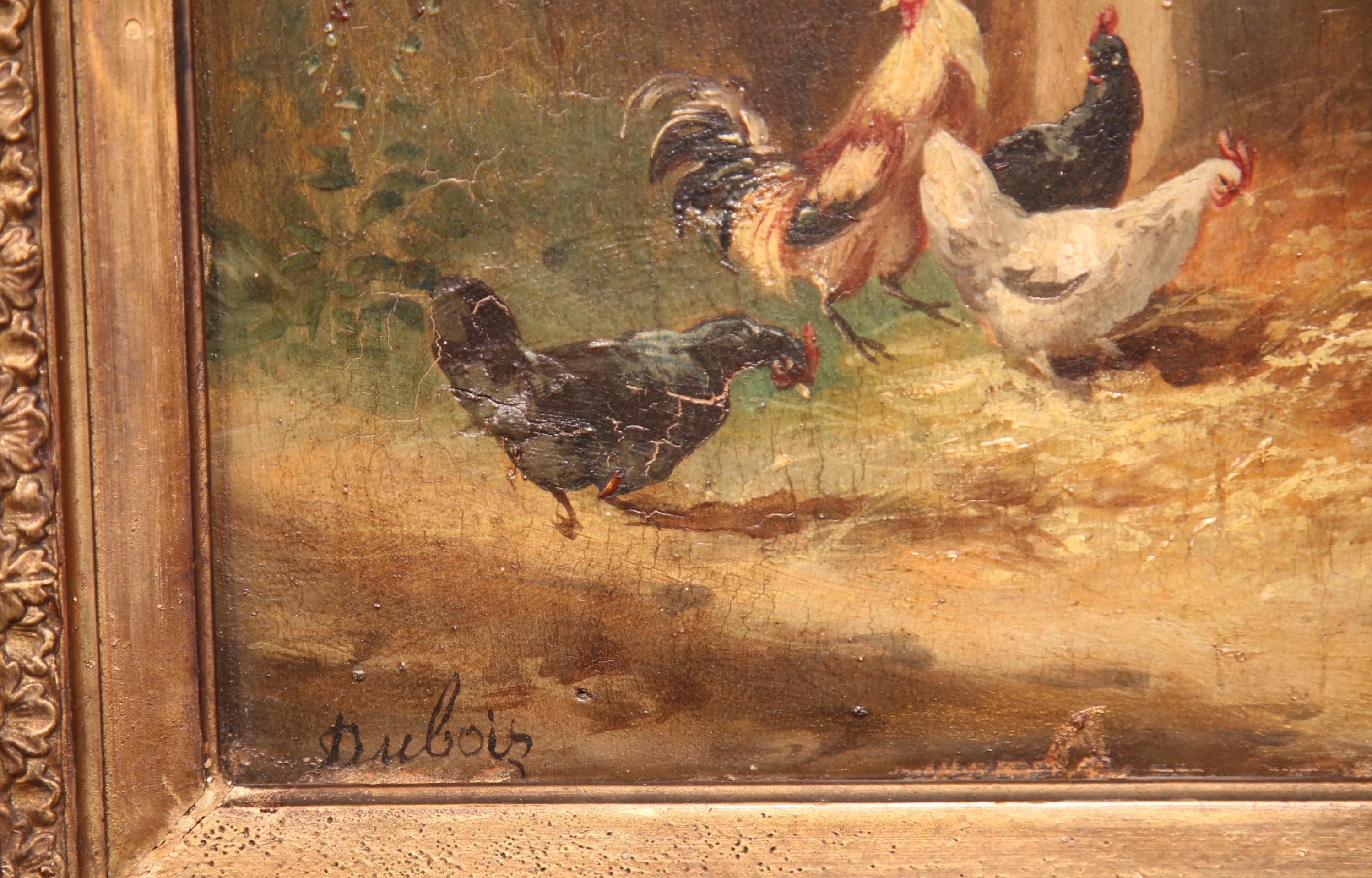 Hand-Painted 19th Century French Chicken Painting in Carved Gilt Frame Signed Dubois