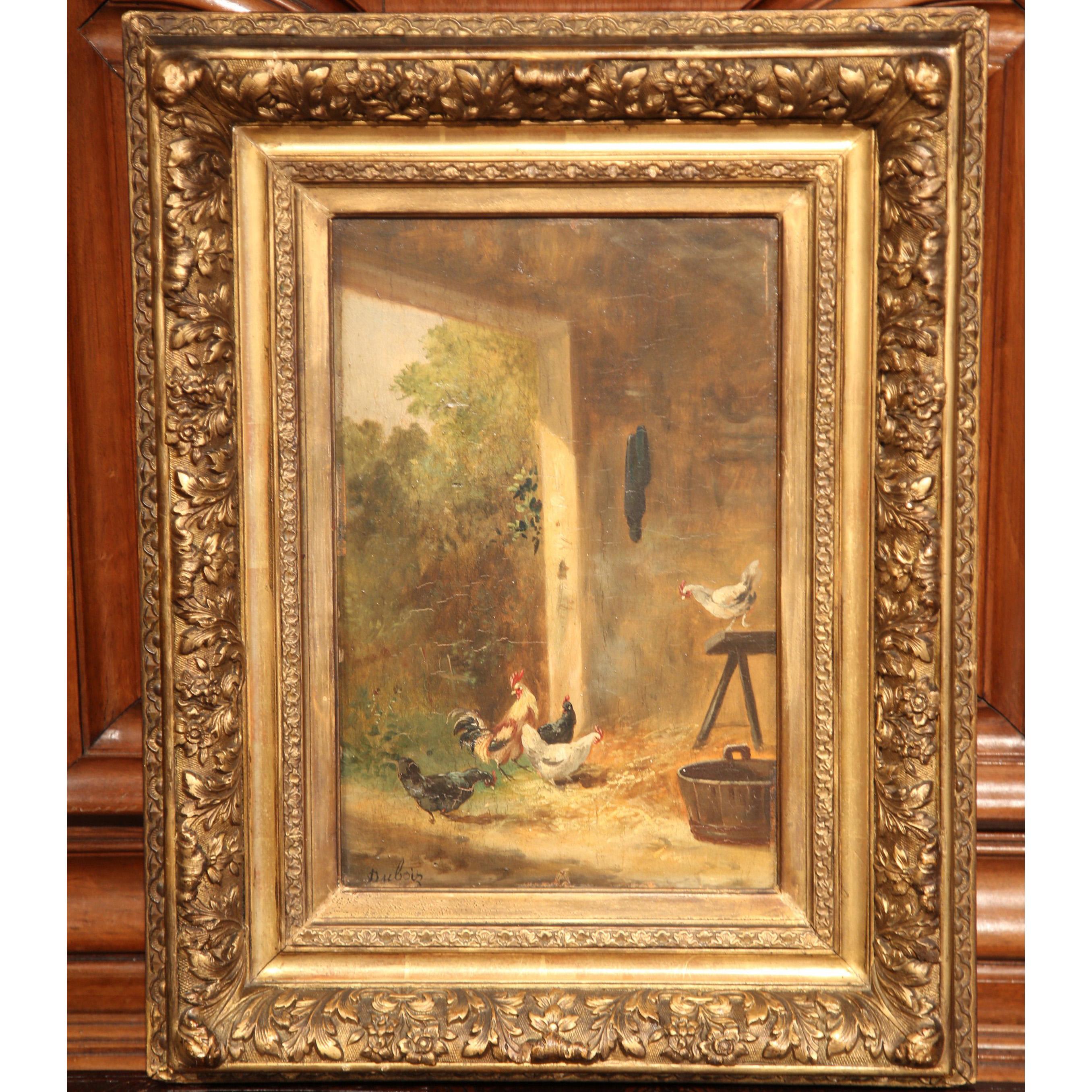 19th Century French Chicken Painting in Carved Gilt Frame Signed Dubois In Excellent Condition In Dallas, TX