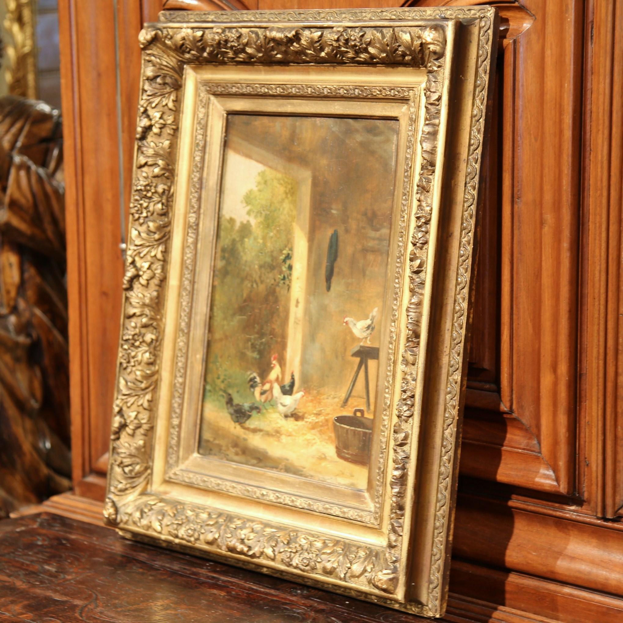 Giltwood 19th Century French Chicken Painting in Carved Gilt Frame Signed Dubois