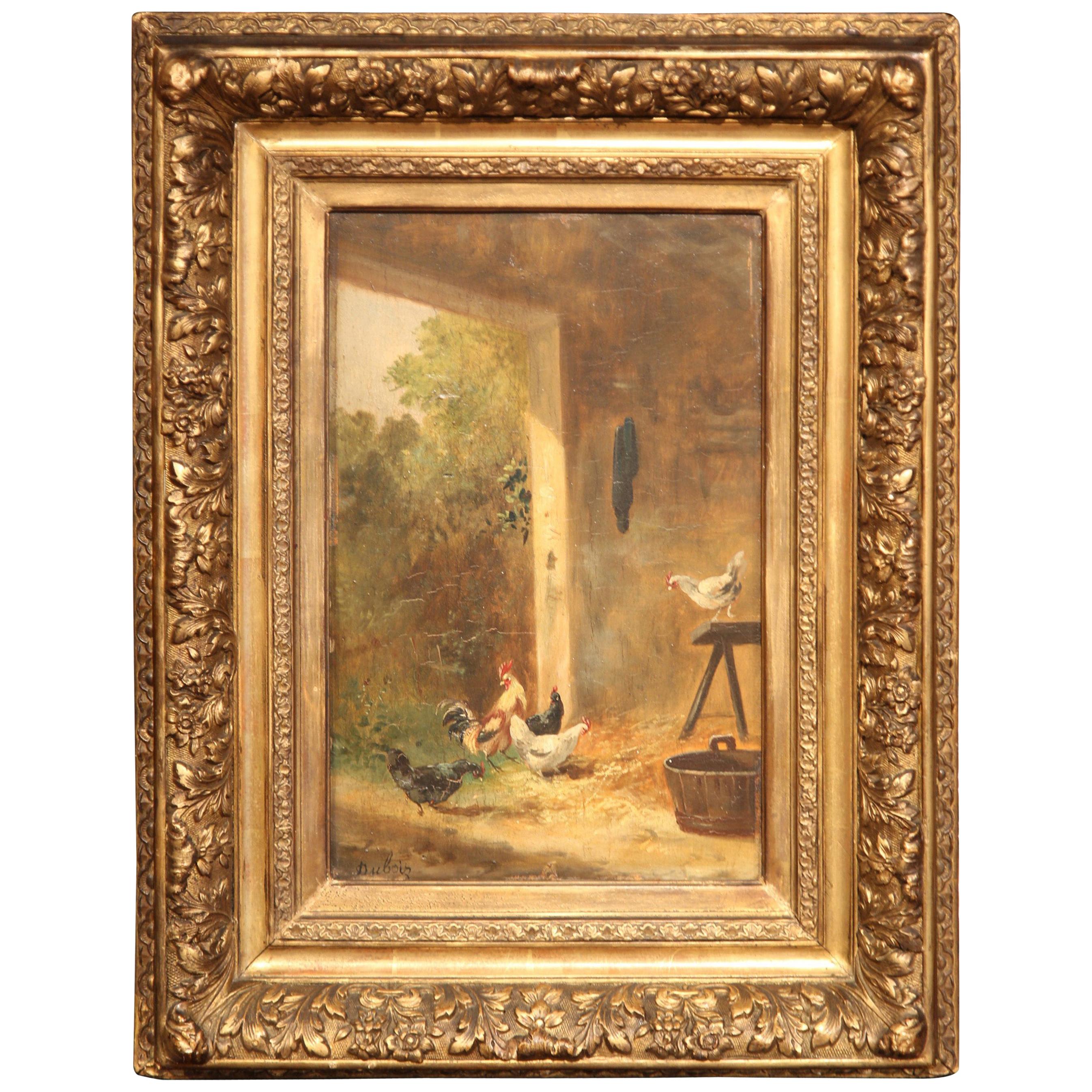 19th Century French Chicken Painting in Carved Gilt Frame Signed Dubois