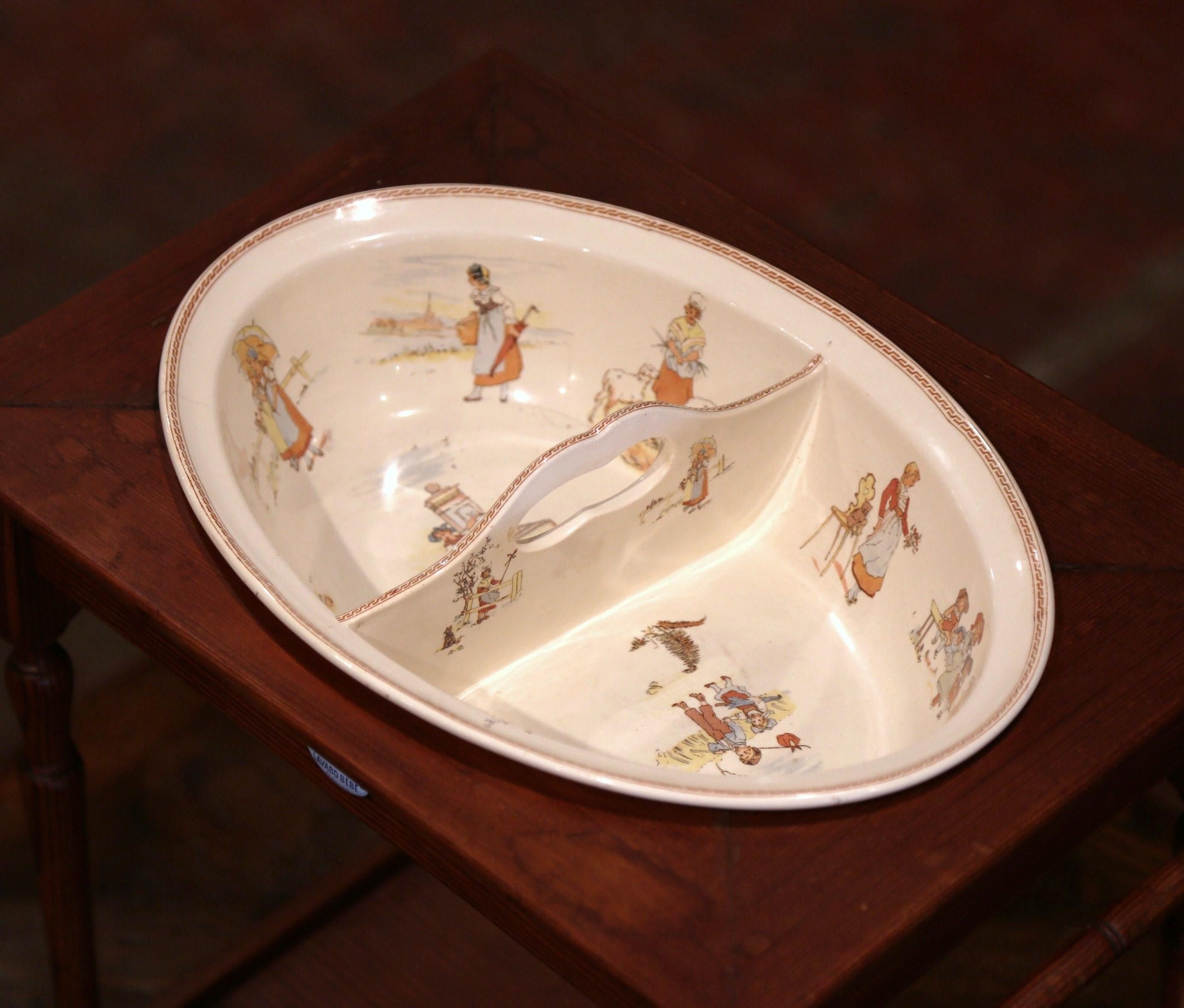 Hand-Carved 19th Century French Child Pine and Porcelain Washstand from Sarreguemines