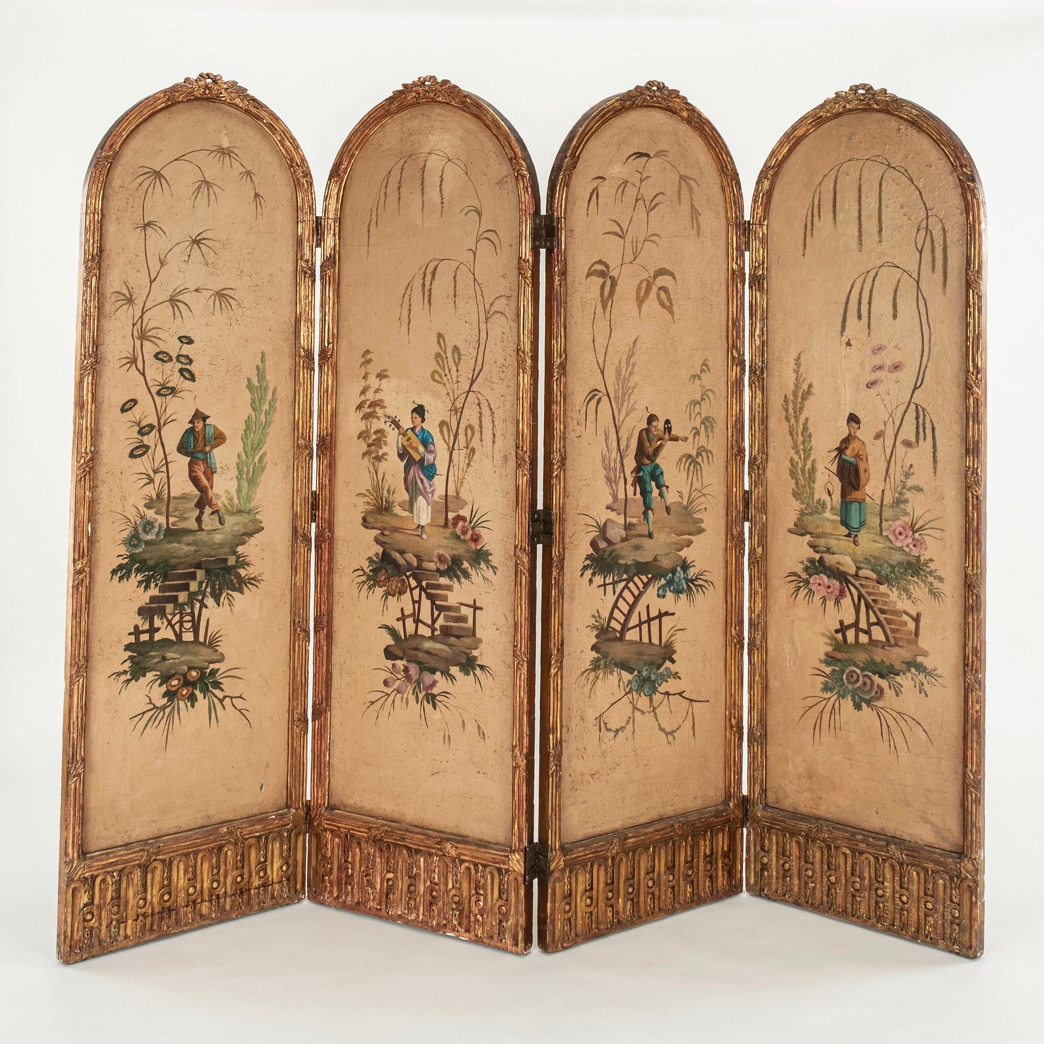 Französische Chinoiserie des 19. Jahrhunderts  Vier Panel Giltwood Bildschirm (Vergoldet) im Angebot