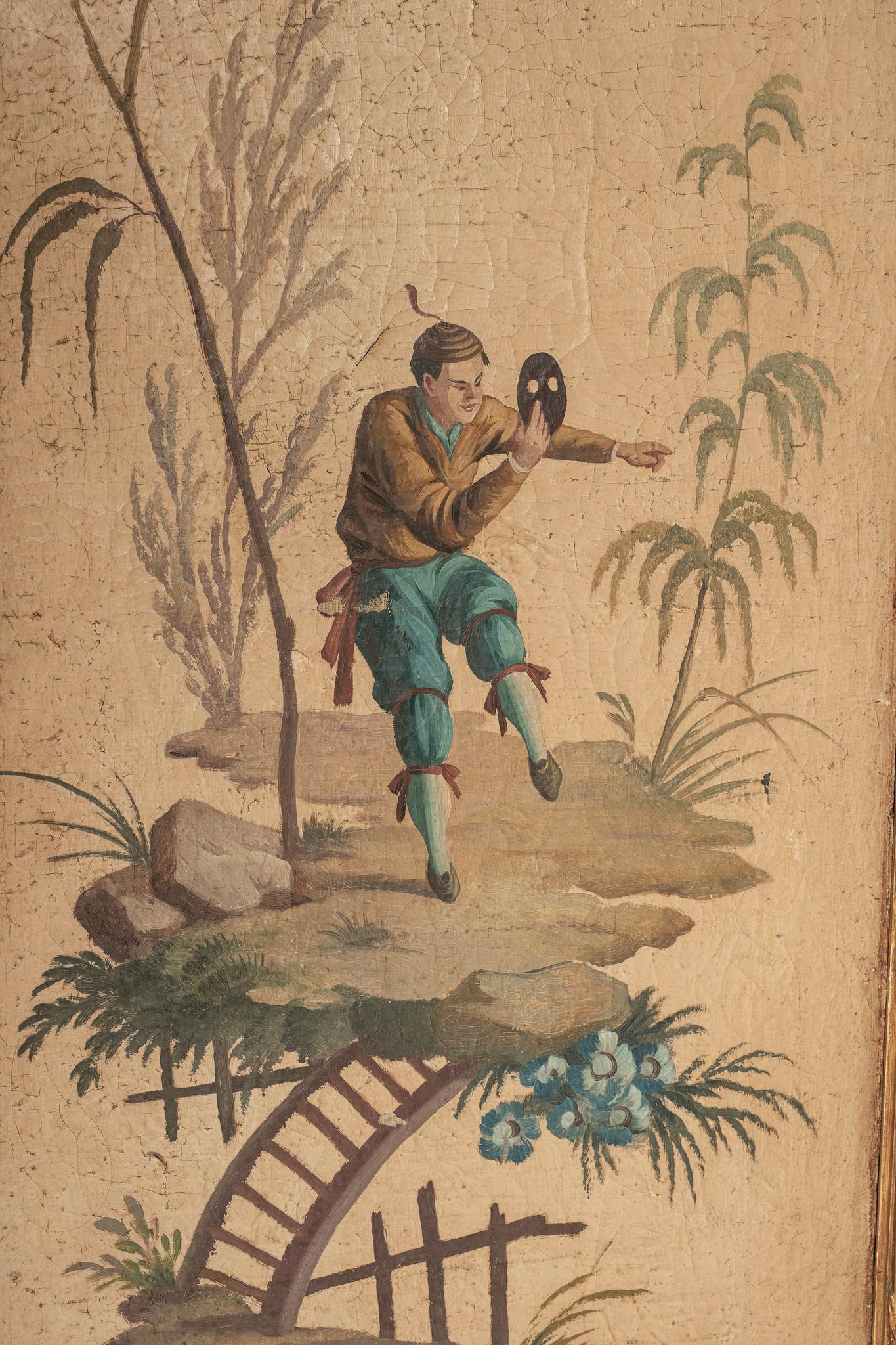 Französische Chinoiserie des 19. Jahrhunderts  Vier Panel Giltwood Bildschirm (Leinwand) im Angebot