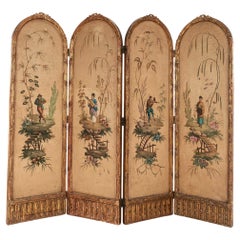 Chinoiserie française du 19e siècle  Paravent à quatre panneaux en bois doré