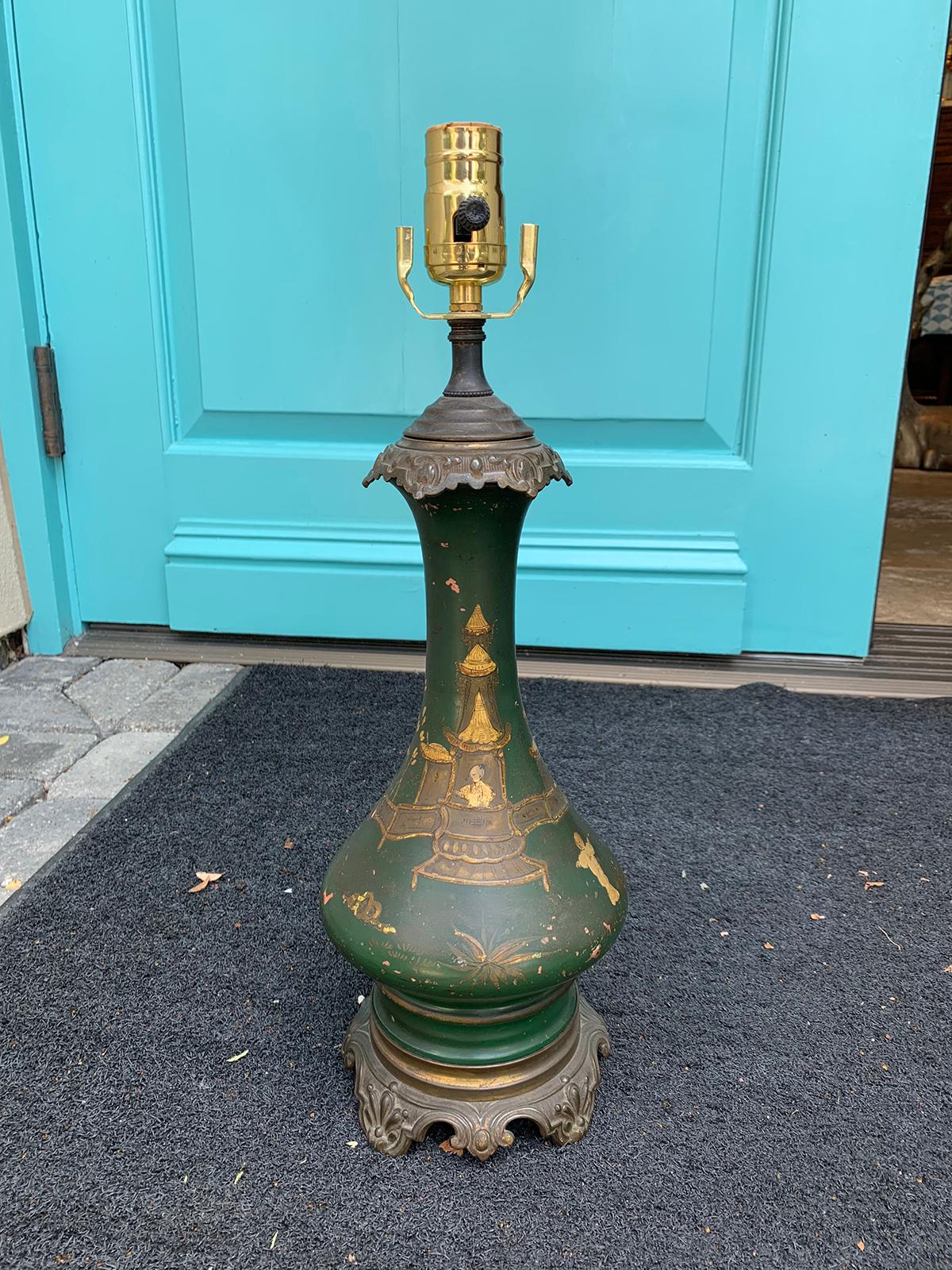 19th century French chinoiserie glazed terracotta lamp with original mounts, formerly oil
New wiring.