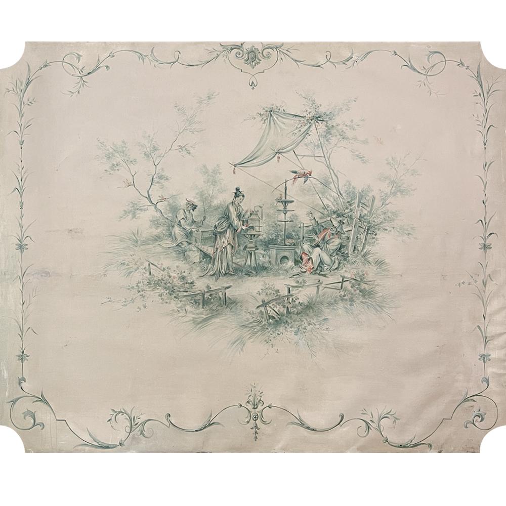 19th century French Chinoiserie hand-painted panel on canvas was originally a decorative panel in a lavish home, resurrected and newly stretched and framed by our expert in-house staff! The scene was inspired by the European fascination with all