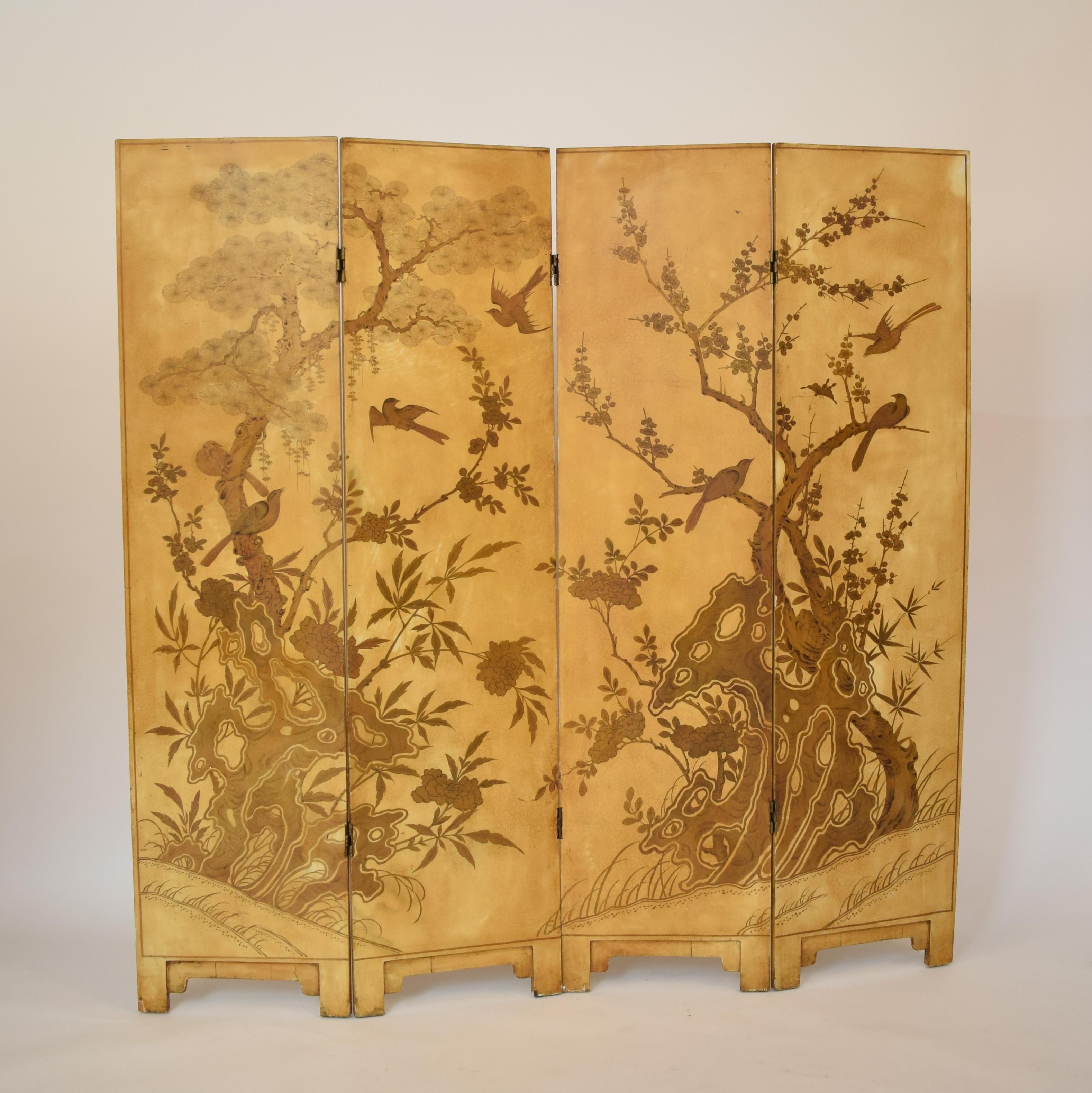 This beautiful hand painted French 19th century chinoiserie lacquer four-panel screen, Paravent contains its original surface and has a great patina.