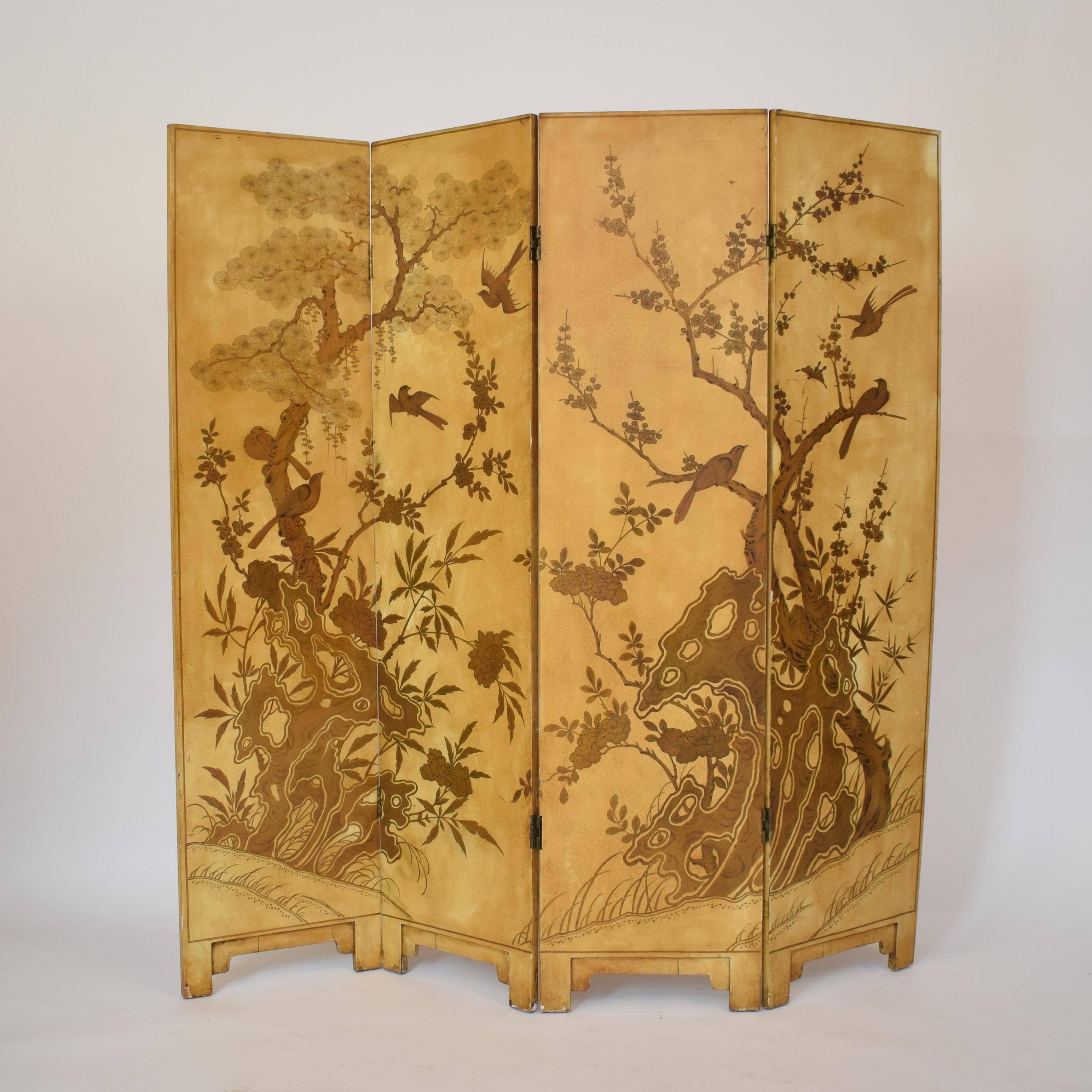 Late 19th Century 19th Century French Chinoiserie Lacquer Four-Panel Screen, Paravent, 1890s