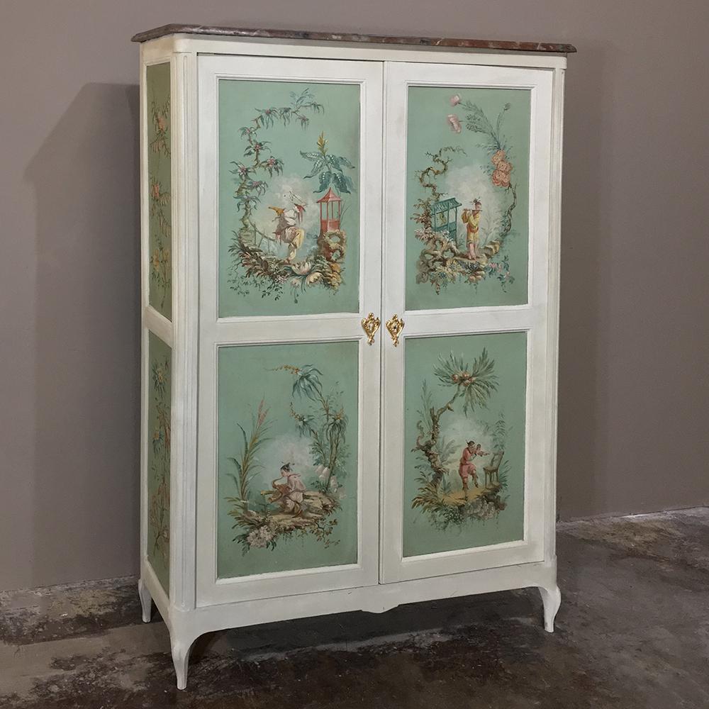 This Petite Armoire or Bonnetiere, is an excellent example of a 19th century French chinoiserie painted Bonnetiere, with oriental-inspired scenes hand-painted as original works of art on every panel ~ preserved in remarkably vivacious coloration!