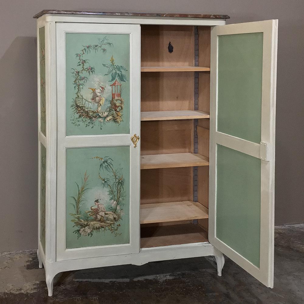 Louis XV 19th Century French Chinoiserie Painted Armoire or Cabinet with Faux Marble Top