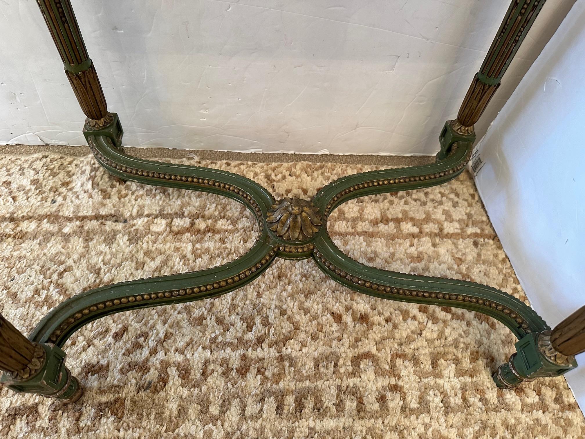 19th Century French Chippy Painted Green & Gilded End Table with Marble Top For Sale 6