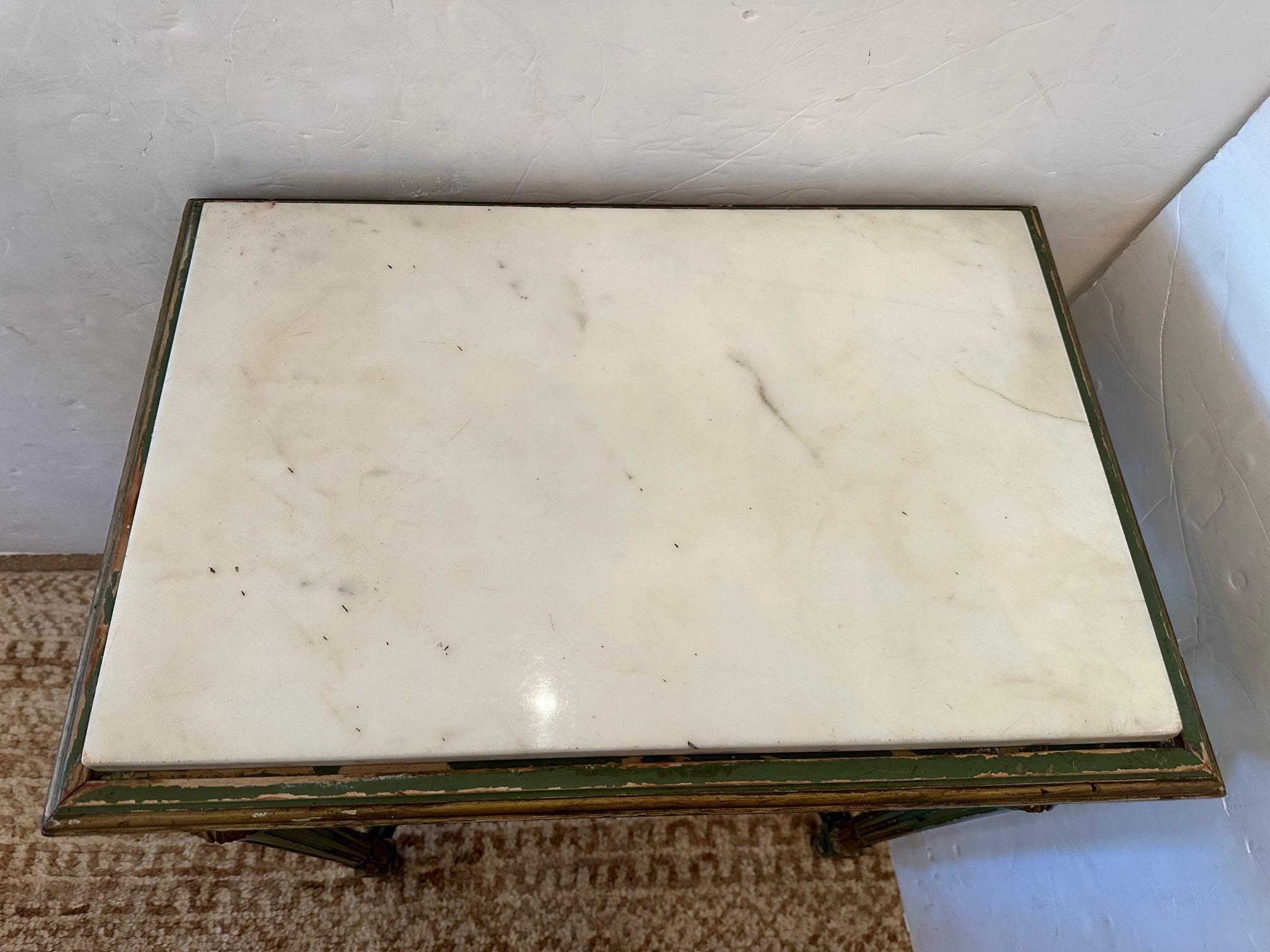 19th Century French Chippy Painted Green & Gilded End Table with Marble Top For Sale 7