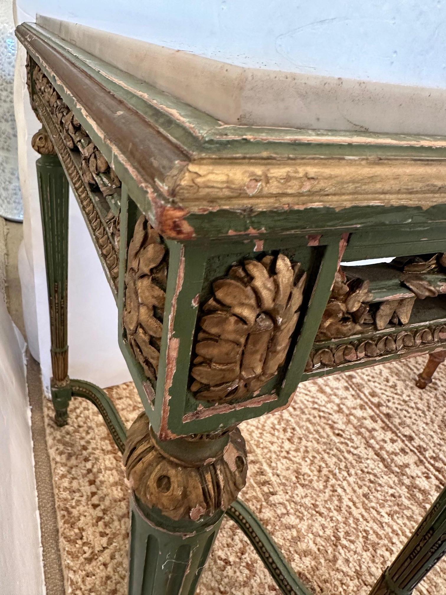 Louis XVI 19th Century French Chippy Painted Green & Gilded End Table with Marble Top For Sale