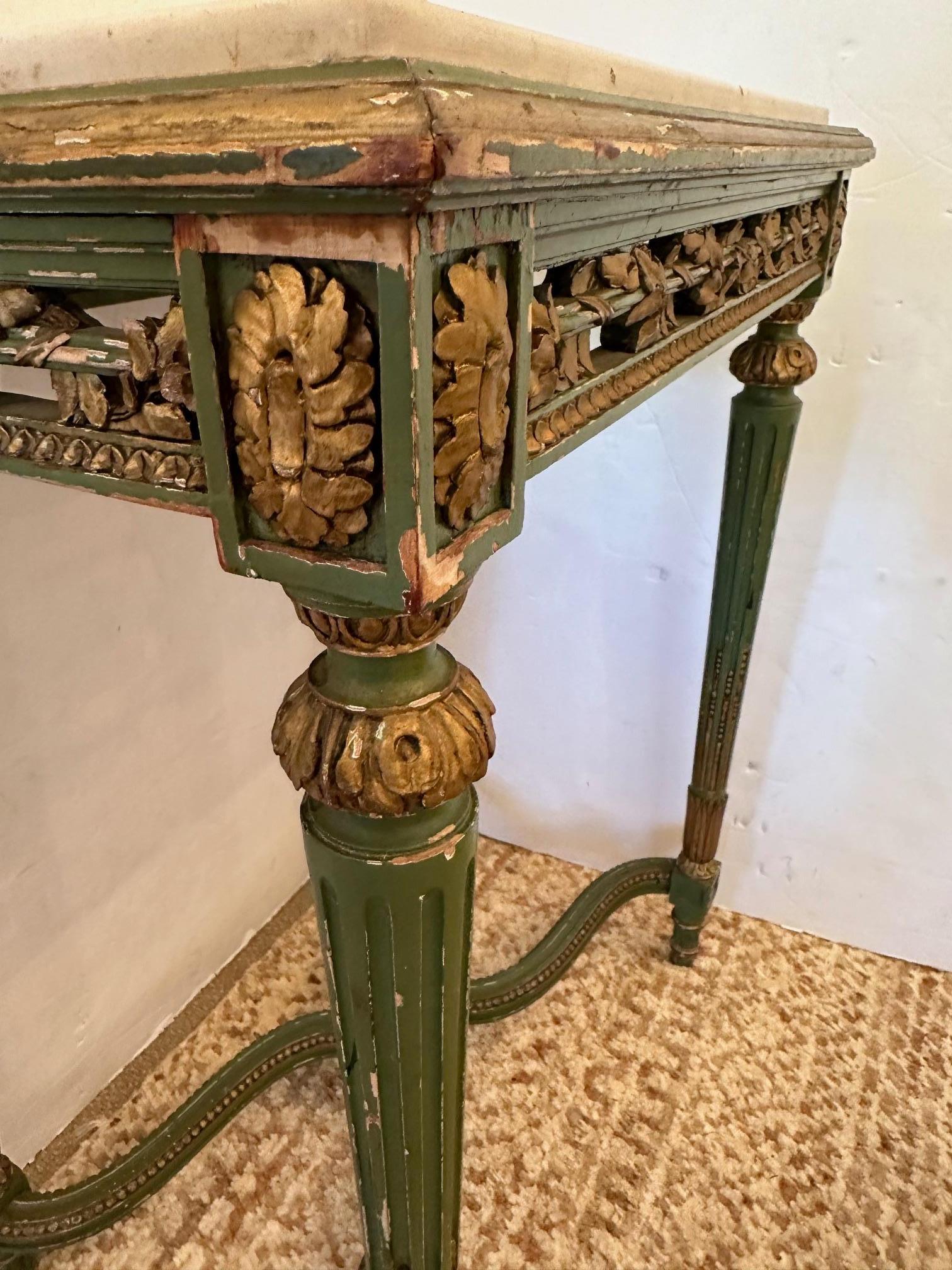 19th Century French Chippy Painted Green & Gilded End Table with Marble Top For Sale 2