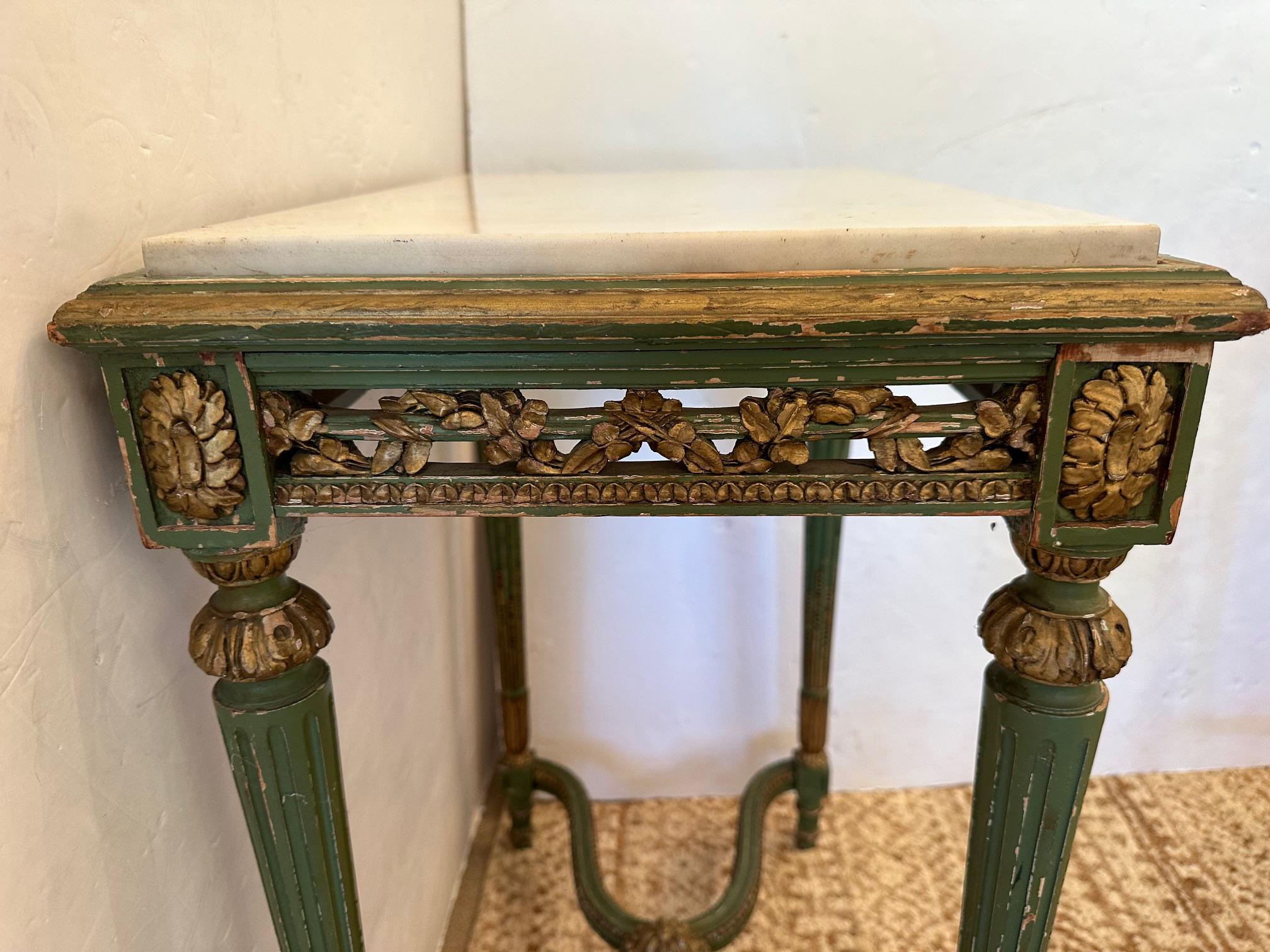 19th Century French Chippy Painted Green & Gilded End Table with Marble Top For Sale 3