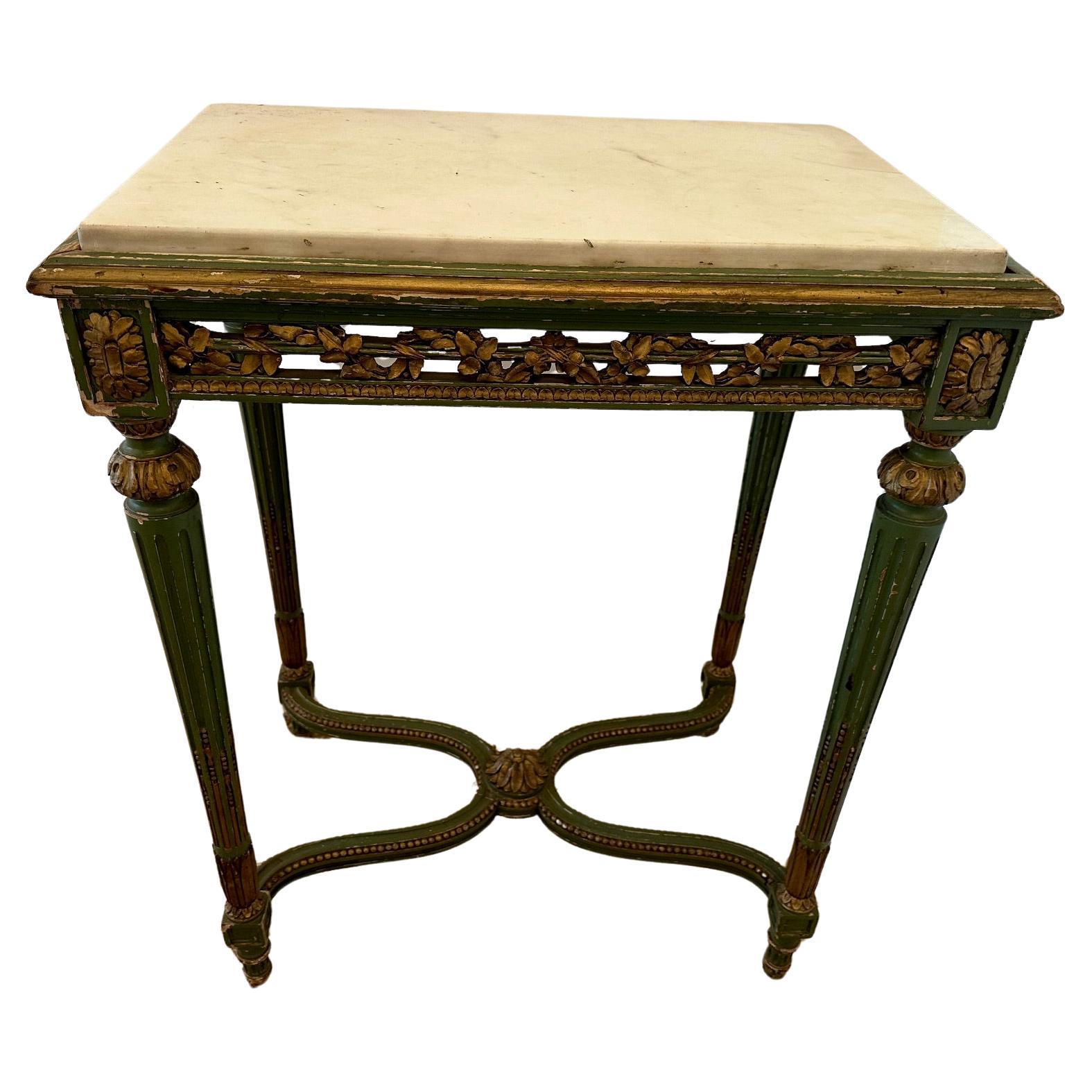 19th Century French Chippy Painted Green & Gilded End Table with Marble Top For Sale