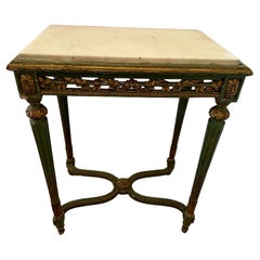 Antique 19th Century French Chippy Painted Green & Gilded End Table with Marble Top