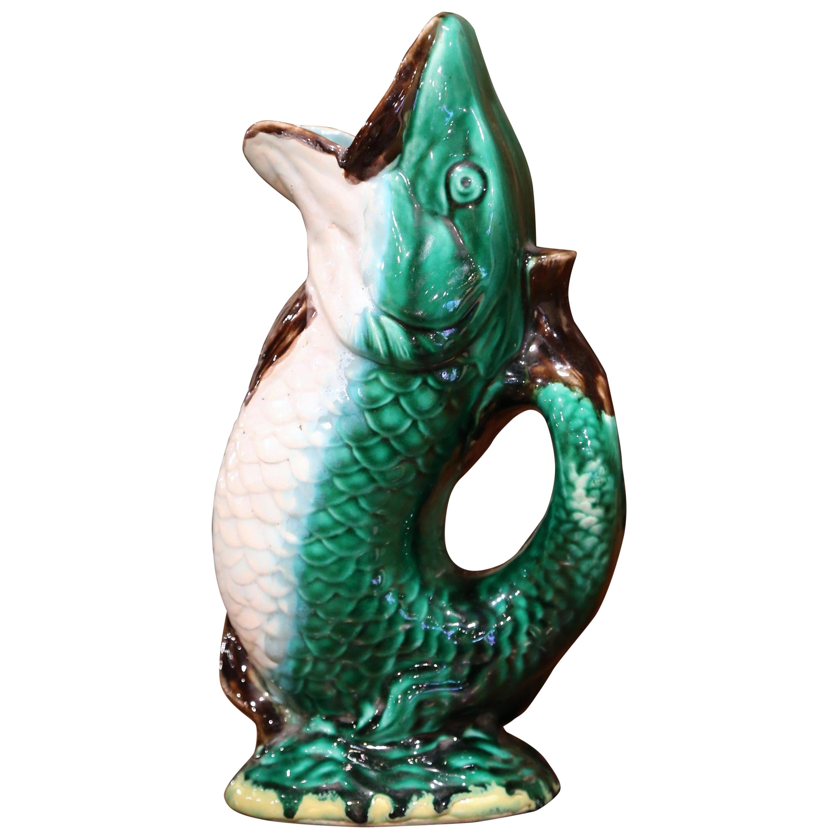 19th Century French Clairefontaine Painted Ceramic Barbotine Fish Pitcher