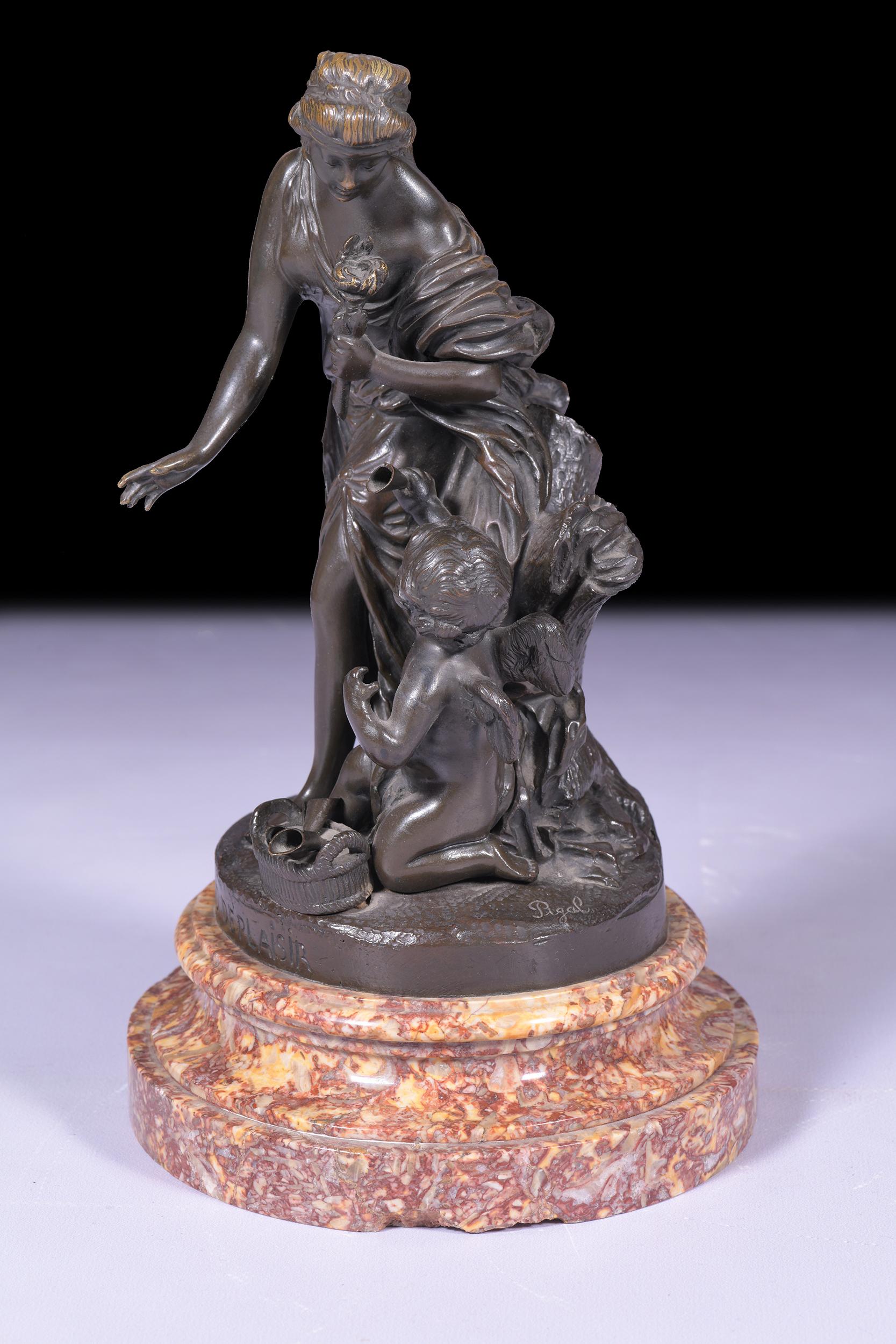 Néoclassique Groupe en bronze classique français du 19ème siècle signé Pigal « Le Merchand de Plaisir ». en vente