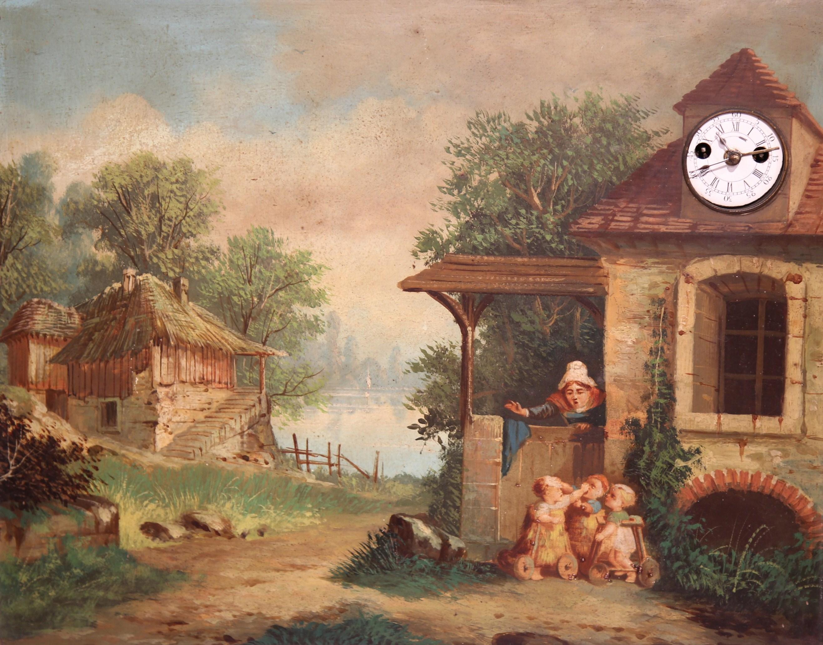 This unique, antique clock painting was painted on metal in France, circa 1860. Set in a carved gilt frame, the artwork depicts a village scene with three children playing and a mother looking over them. The original clock and the music box inside