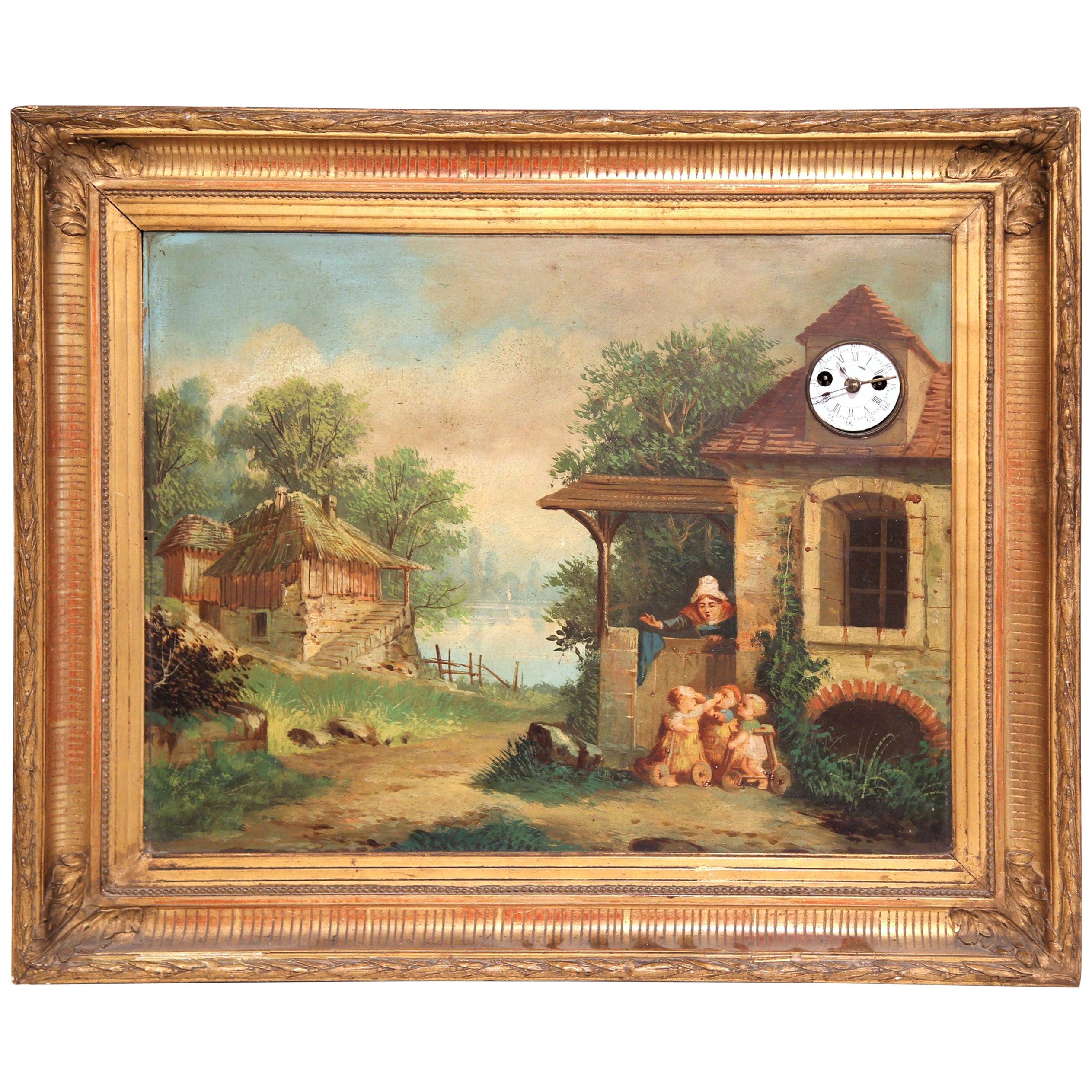 19th Century French "Clock Painting" with Music Box in Carved Gilt Frame
