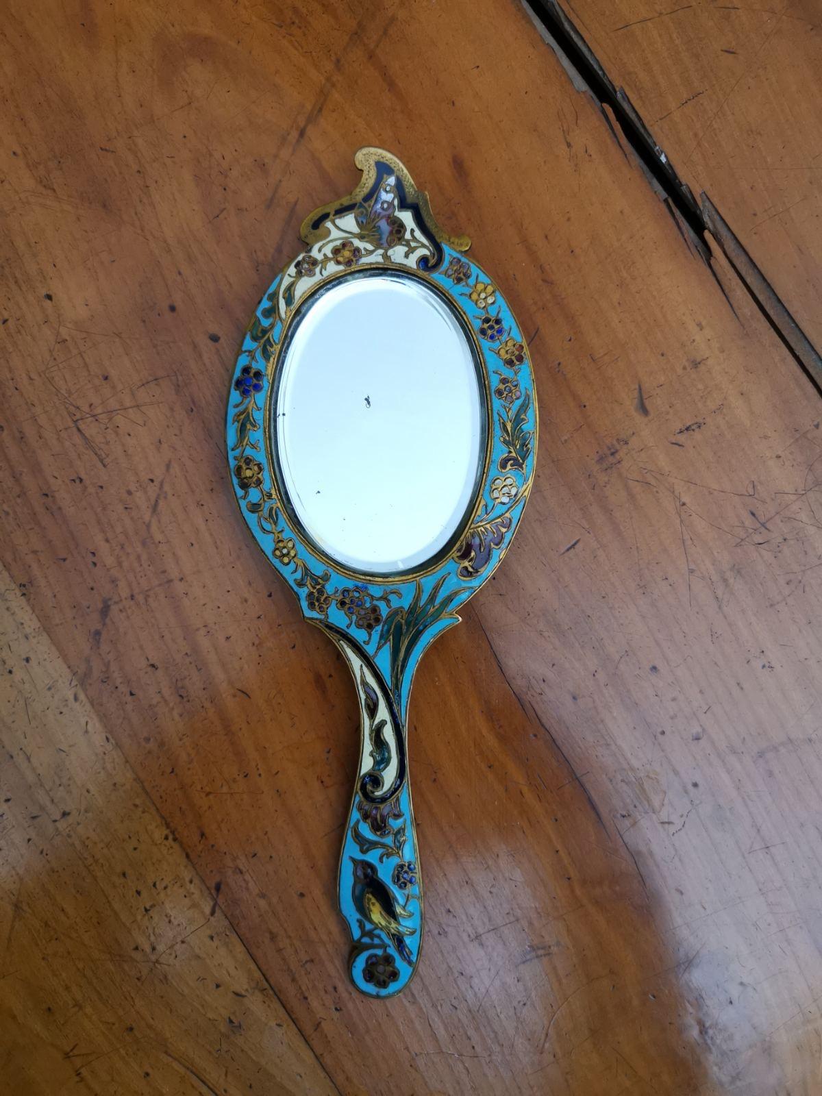 19th Century French Cloisonne Enamel and Gilt Handheld Crystal Mirror For Sale 5