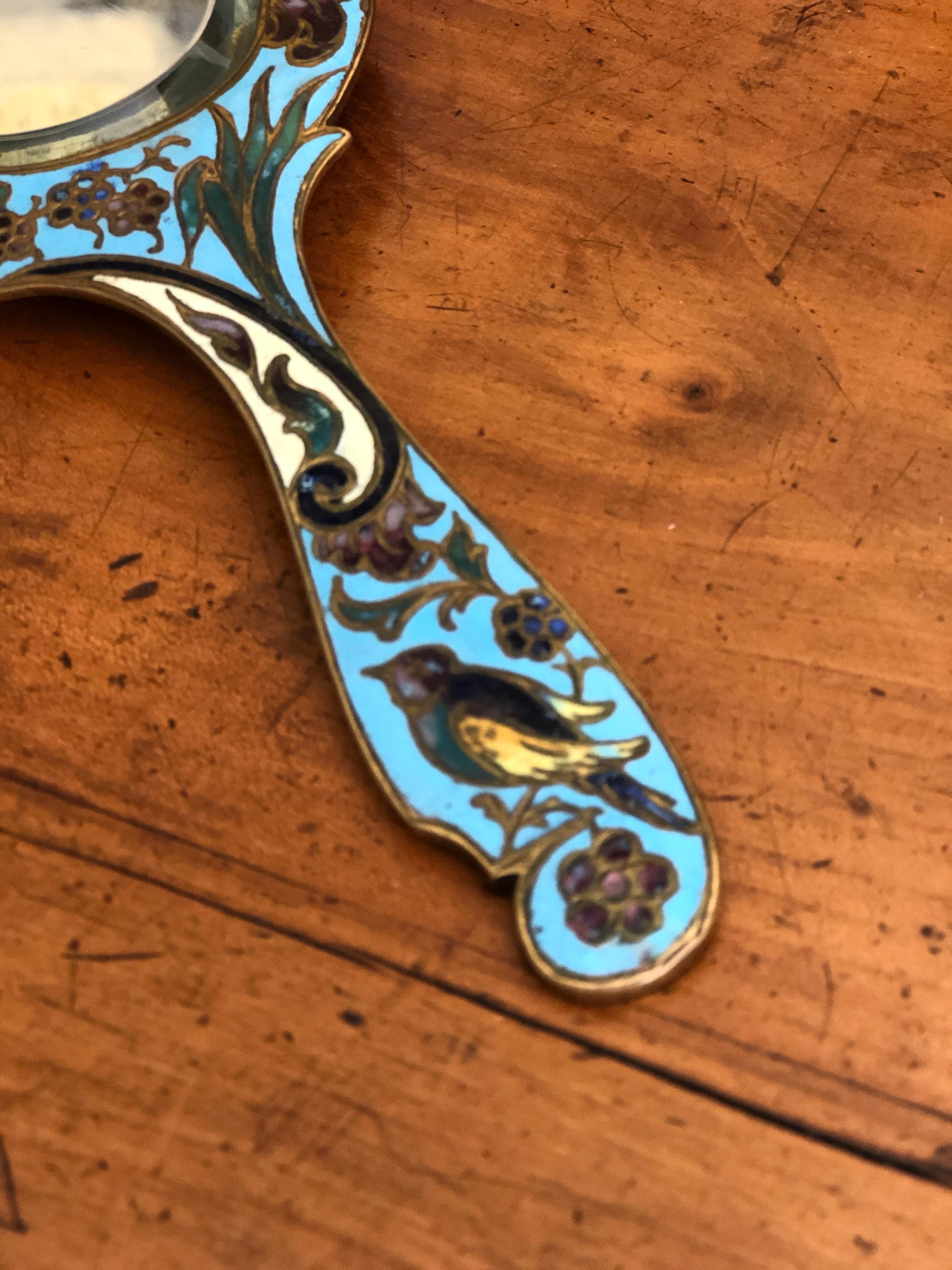 Francese Specchio francese del XIX secolo in smalto cloisonne e cristallo dorato a mano in vendita