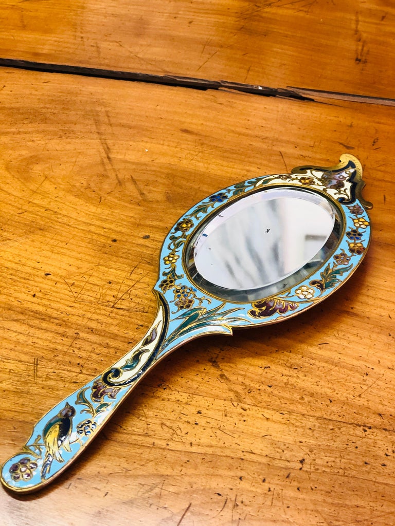 19th Century French Cloisonne Enamel and Gilt Handheld Crystal Mirror