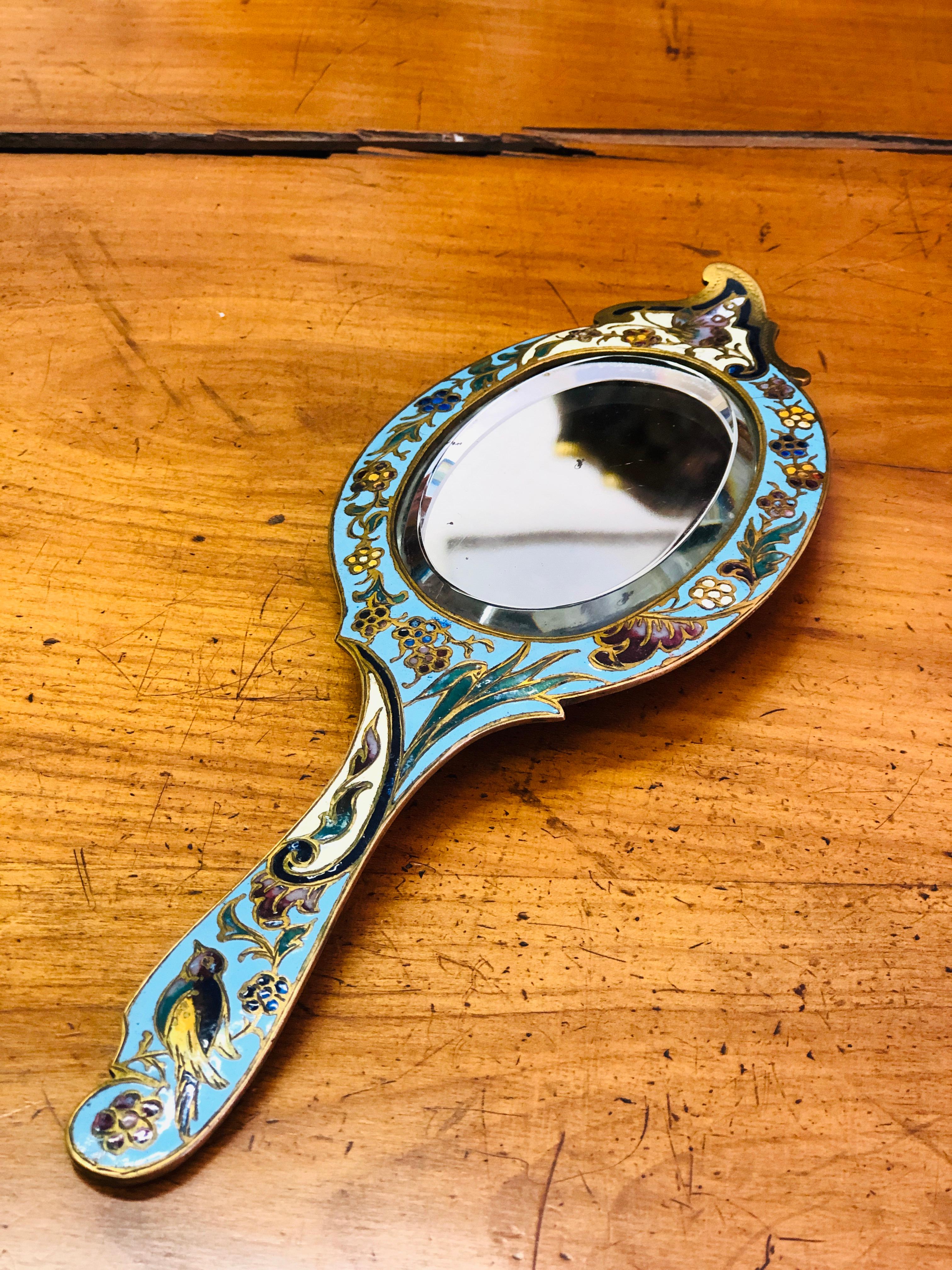 19th Century French Cloisonne Enamel and Gilt Handheld Crystal Mirror In Good Condition For Sale In Sofia, BG