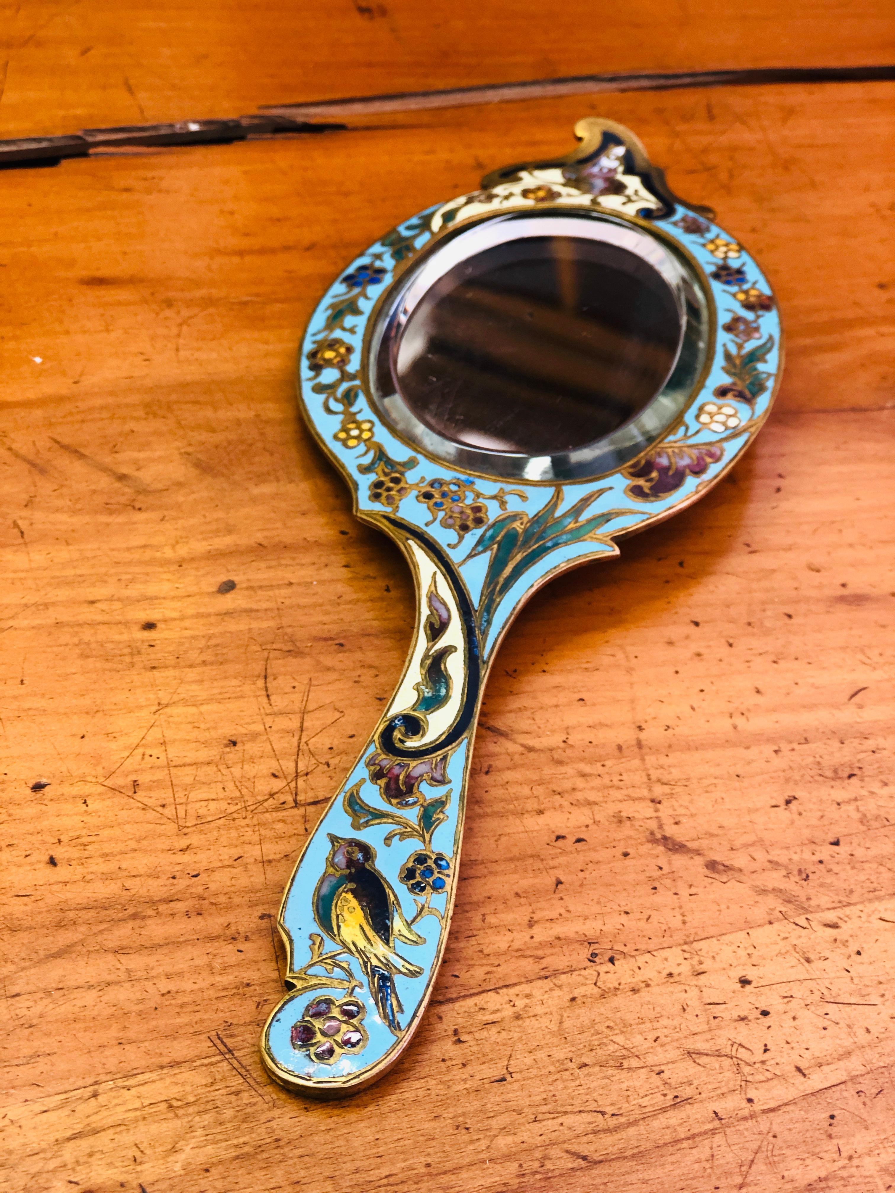 19th Century French Cloisonne Enamel and Gilt Handheld Crystal Mirror For Sale 1