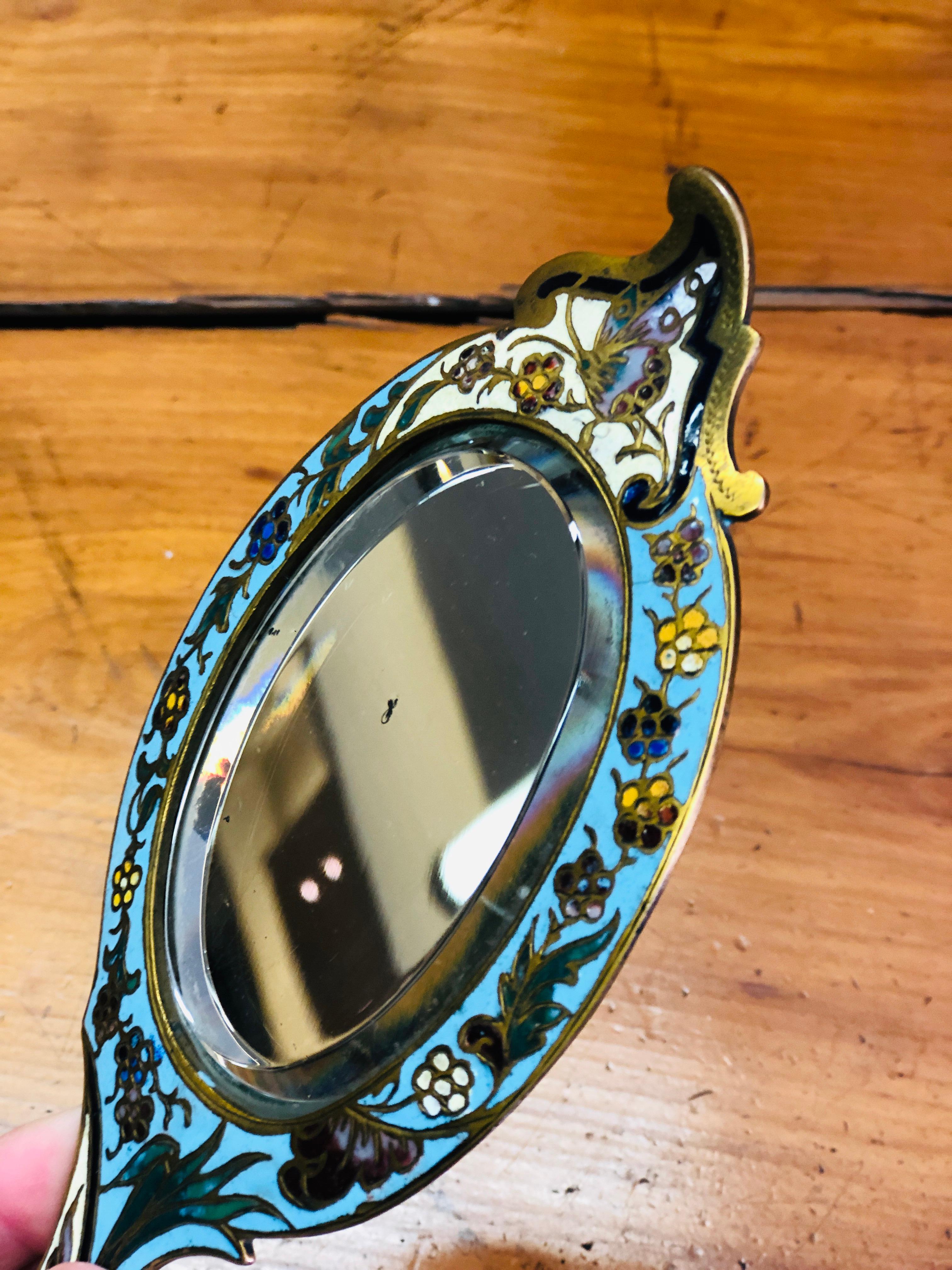 19th Century French Cloisonne Enamel and Gilt Handheld Crystal Mirror For Sale 2