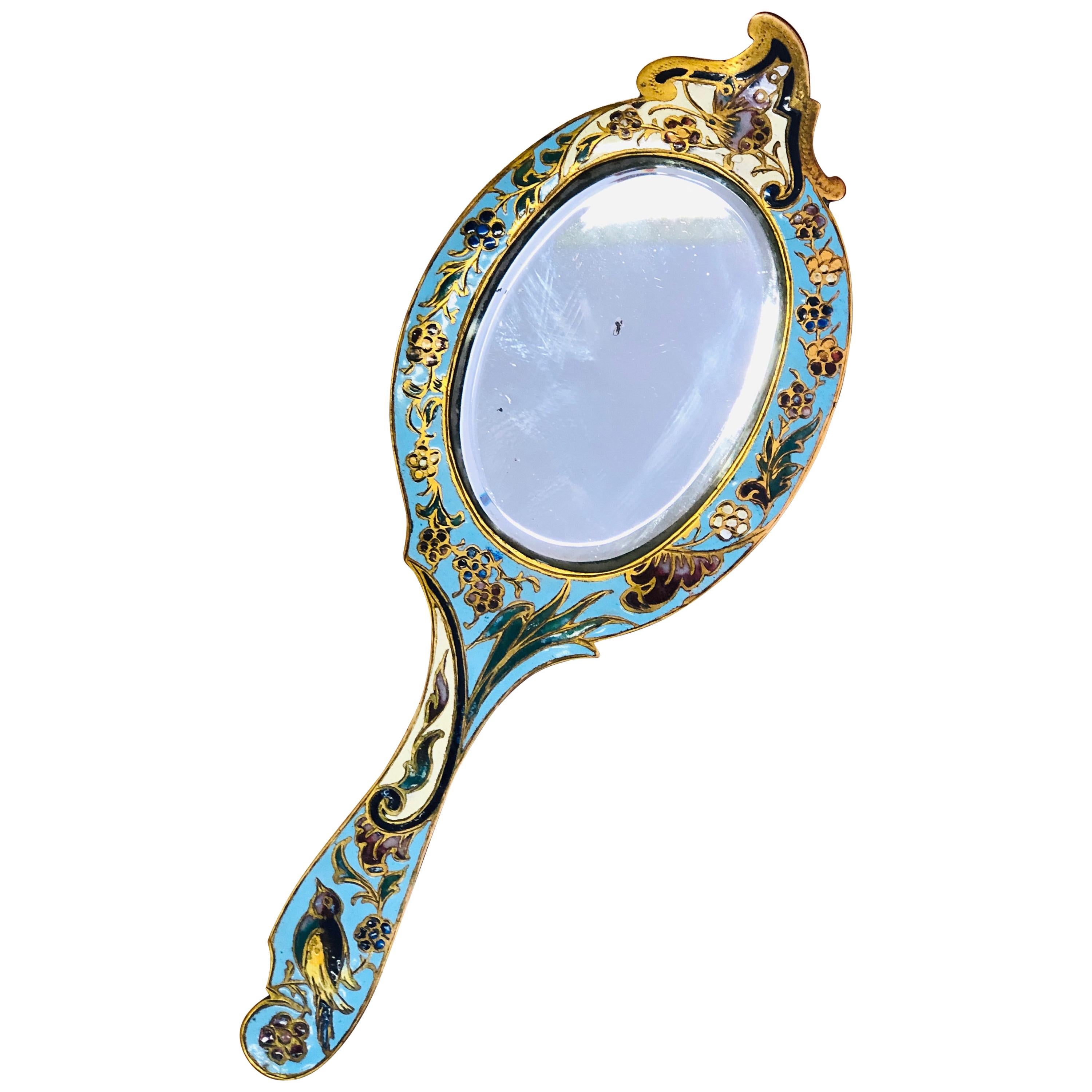 19th Century French Cloisonne Enamel and Gilt Handheld Crystal Mirror For Sale