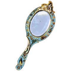 19th Century French Cloisonne Enamel and Gilt Handheld Crystal Mirror