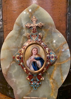 19th Century French Cloisonné Plaque with Holy Water Font and Angel Medallion