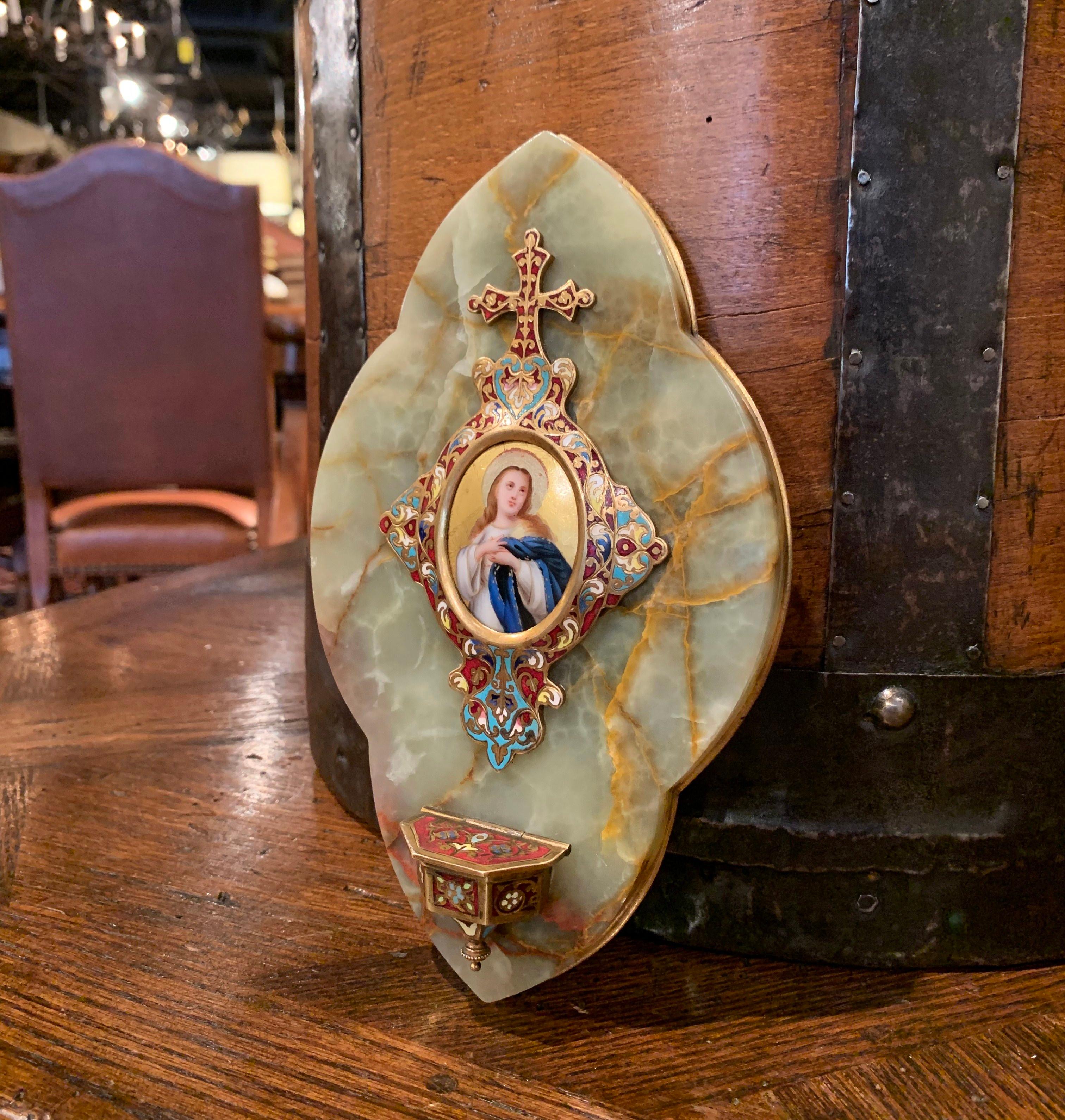 Cloissoné 19th Century French Cloisonné Plaque with Holy Water Font and Angel Medallion