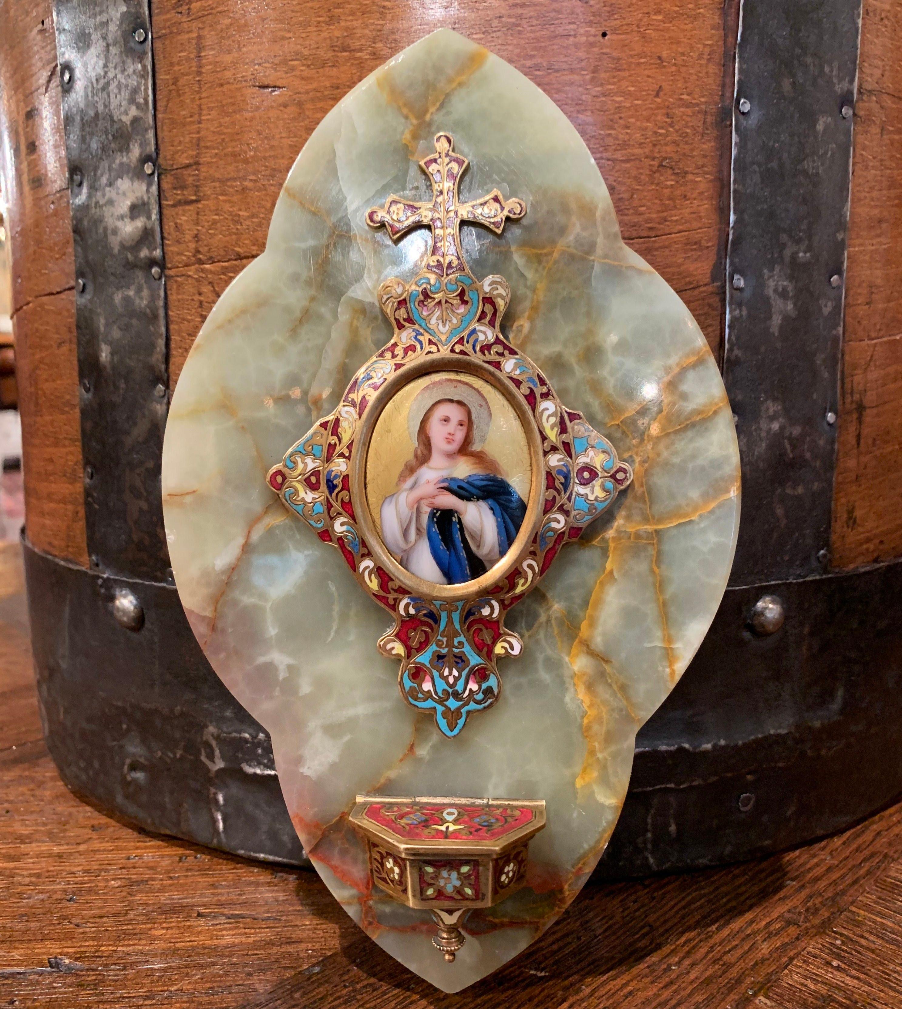 19th Century French Cloisonné Plaque with Holy Water Font and Angel Medallion In Excellent Condition In Dallas, TX