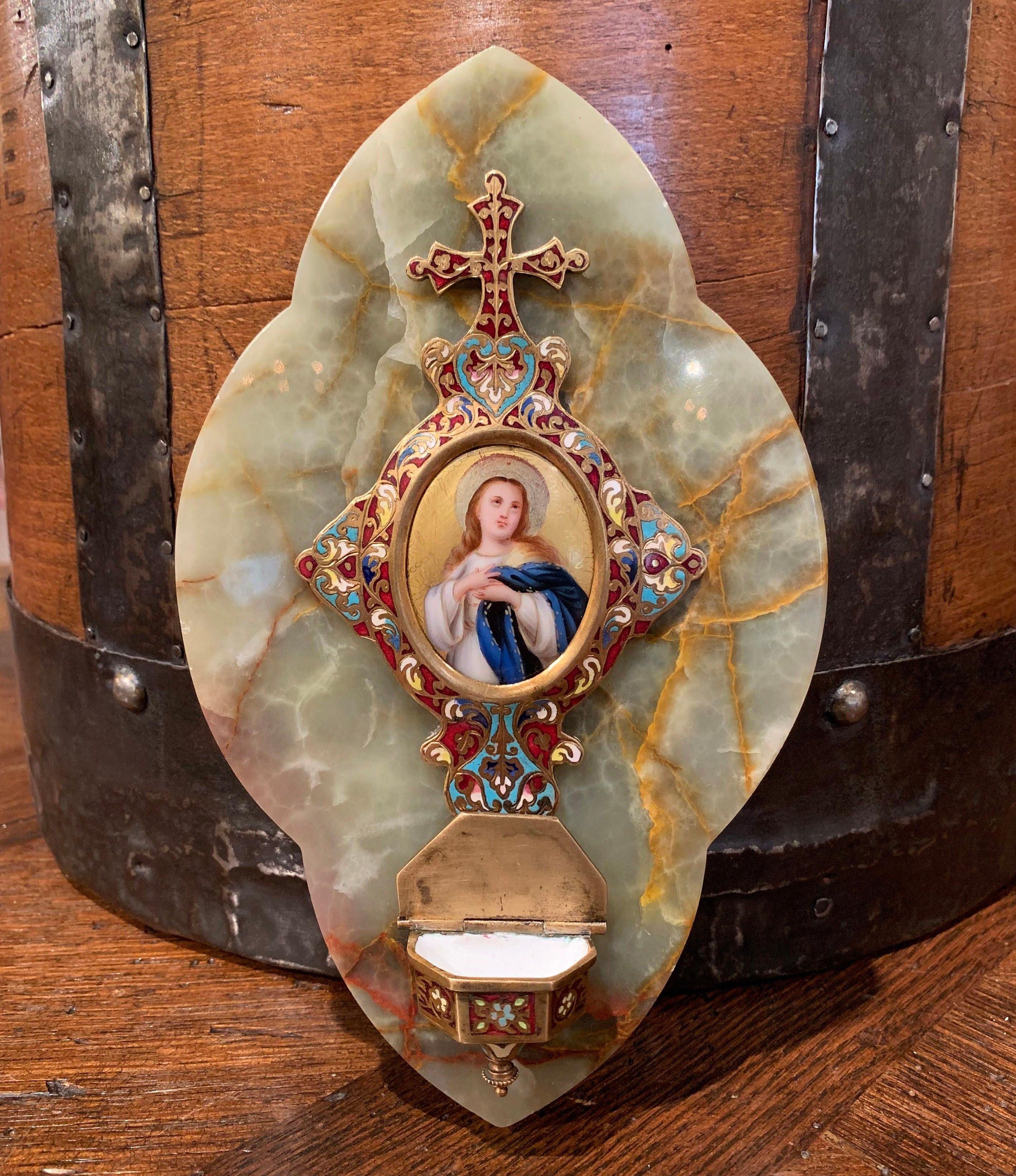 Brass 19th Century French Cloisonné Plaque with Holy Water Font and Angel Medallion