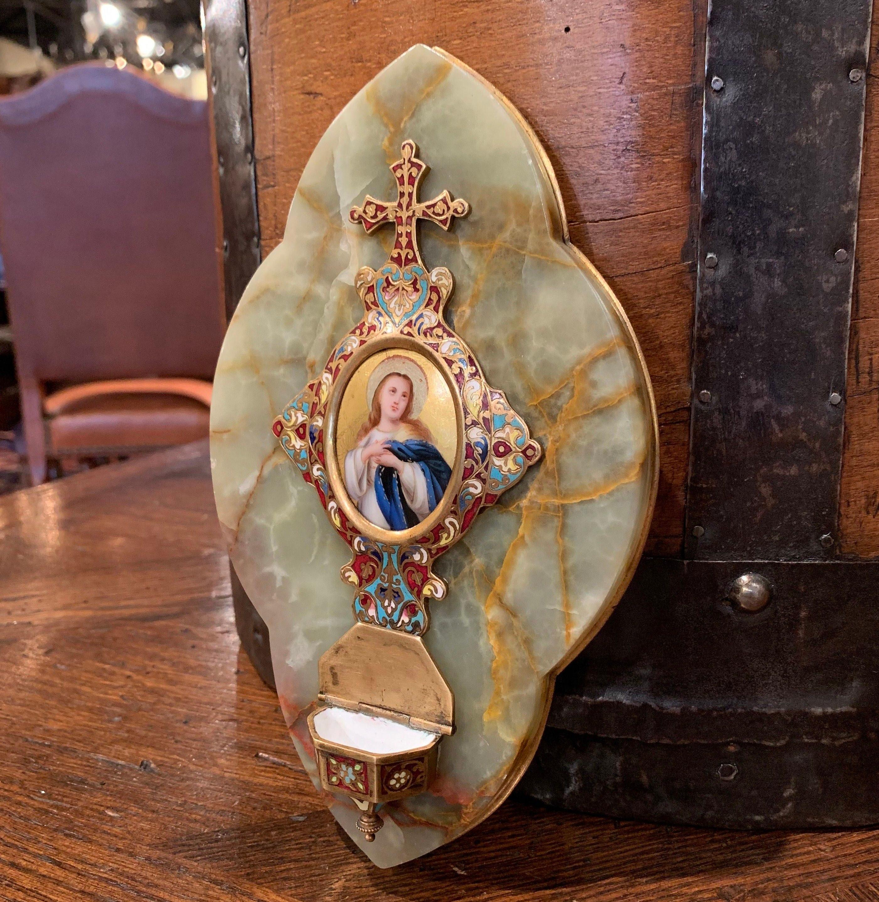 19th Century French Cloisonné Plaque with Holy Water Font and Angel Medallion 1