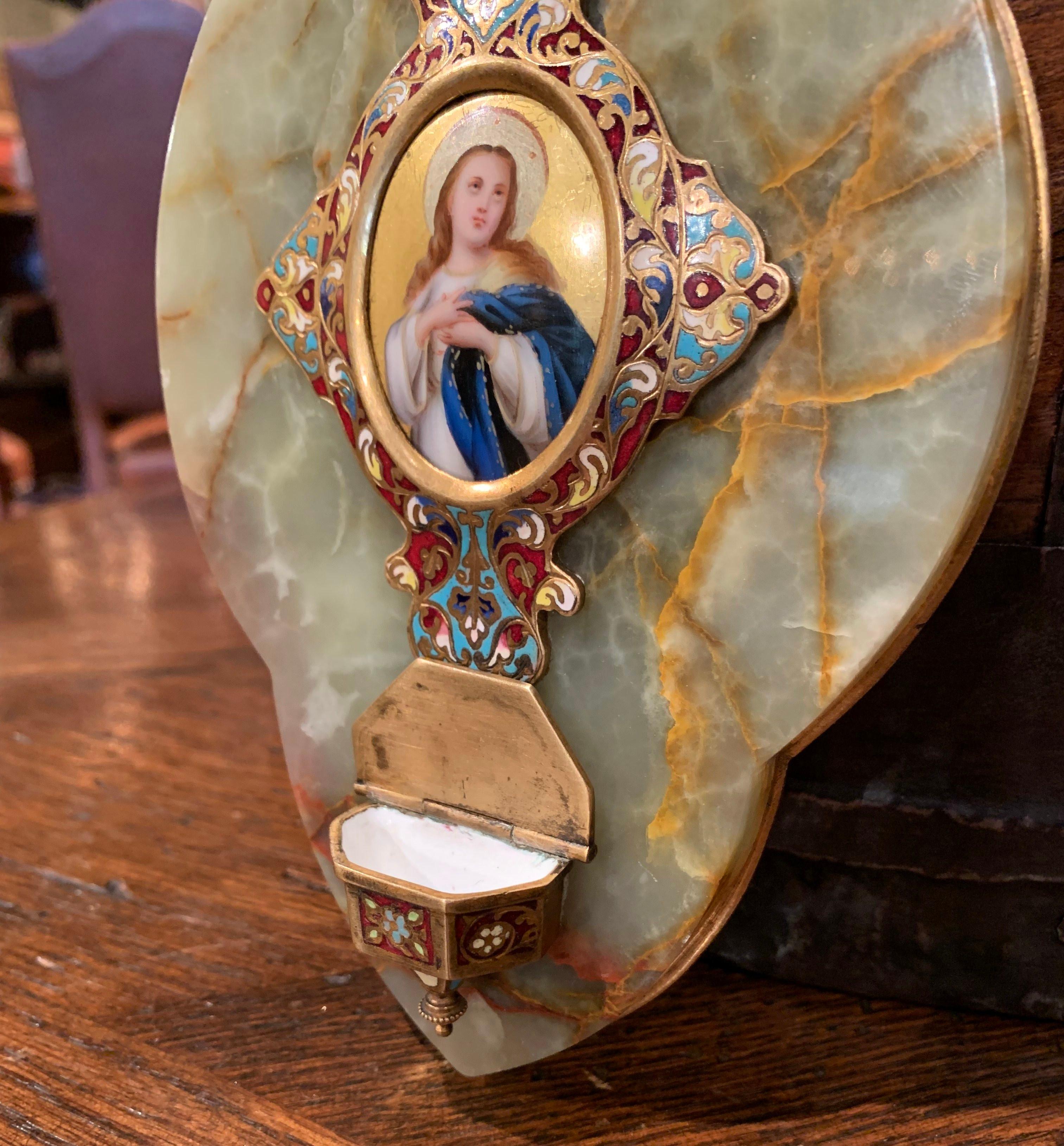 19th Century French Cloisonné Plaque with Holy Water Font and Angel Medallion 2