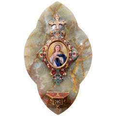 19th Century French Cloisonné Plaque with Holy Water Font and Angel Medallion