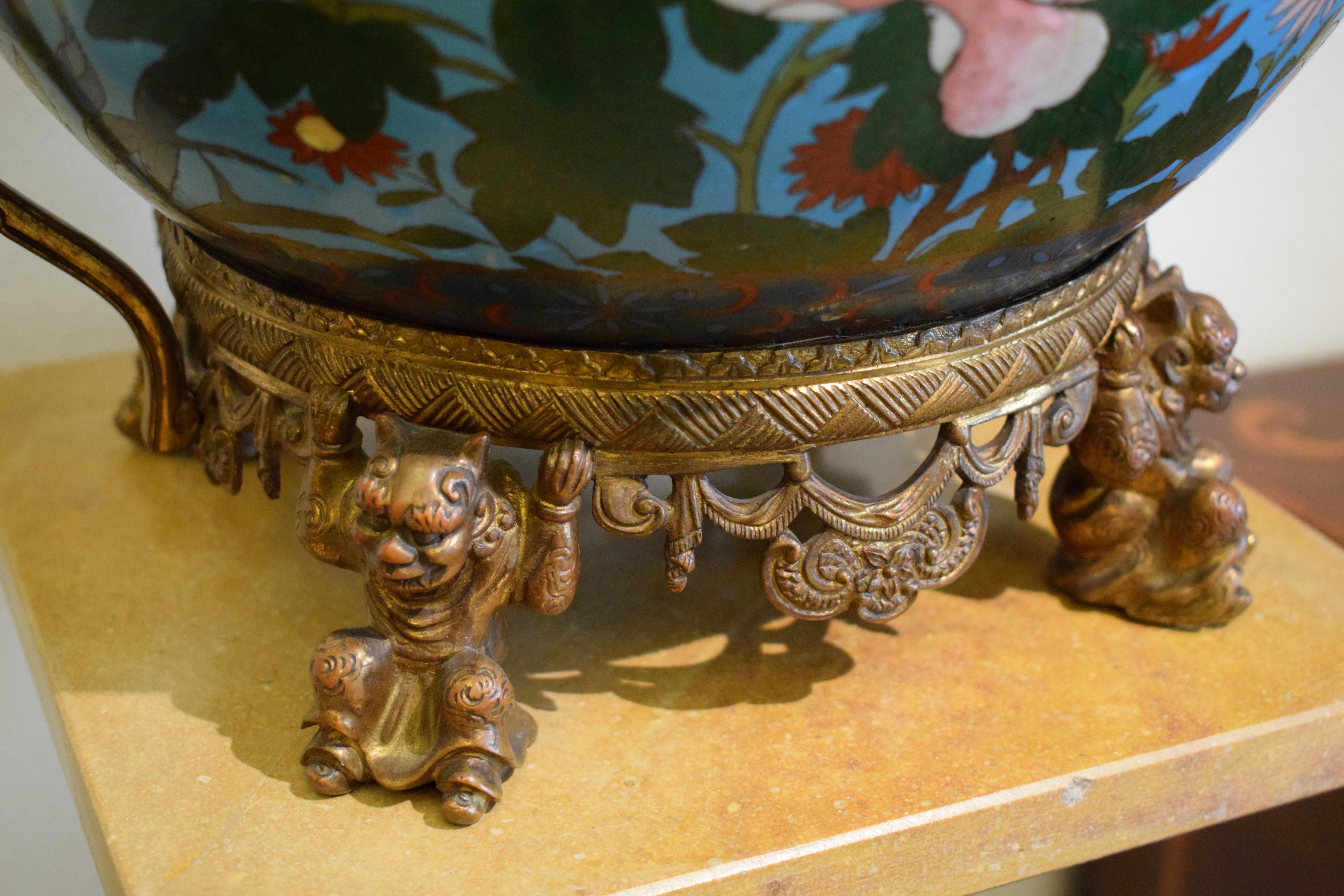 Chinoiserie 19th Century, French Cloisonné Vase on Gilded Bronze Base For Sale