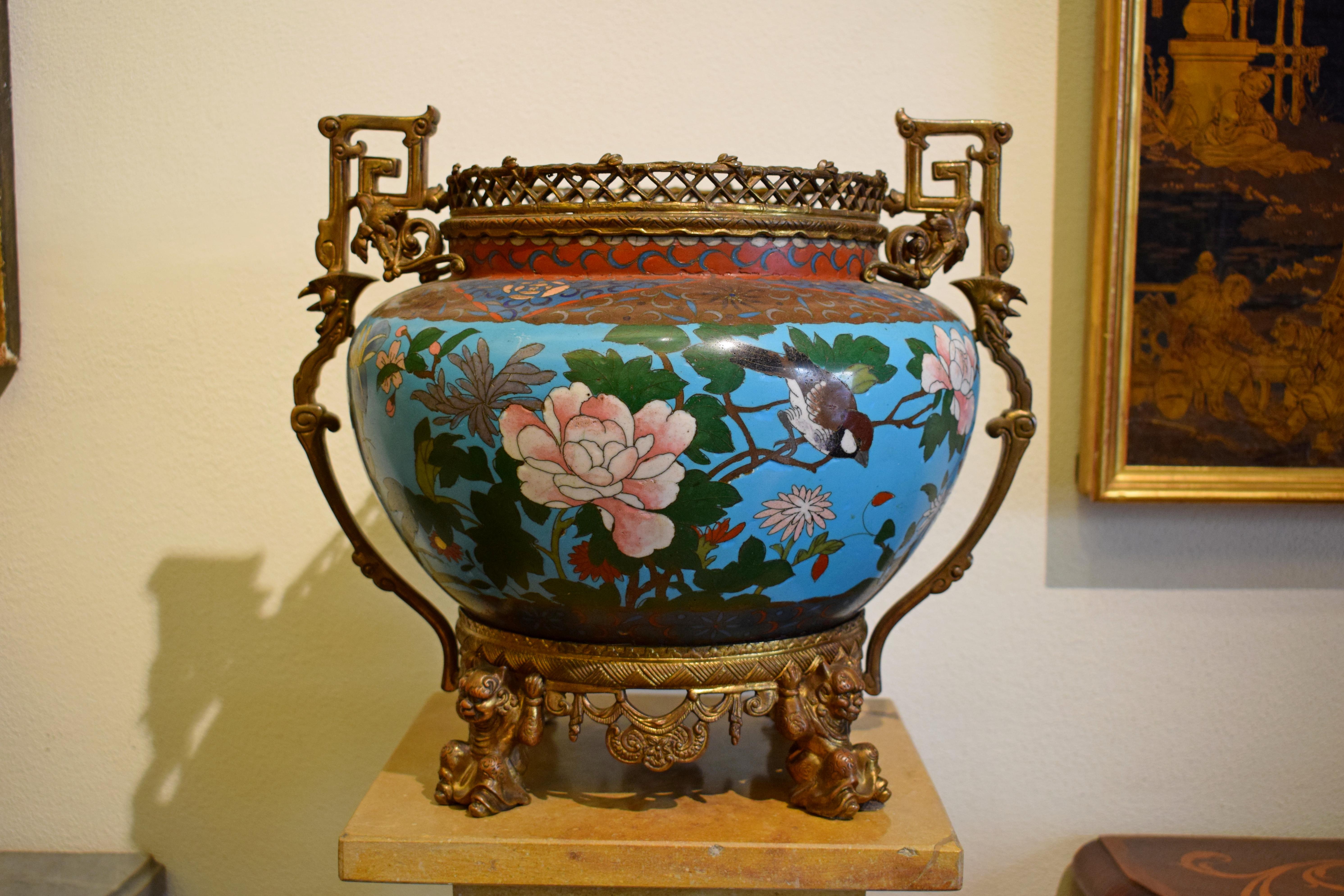 Enameled 19th Century, French Cloisonné Vase on Gilded Bronze Base For Sale
