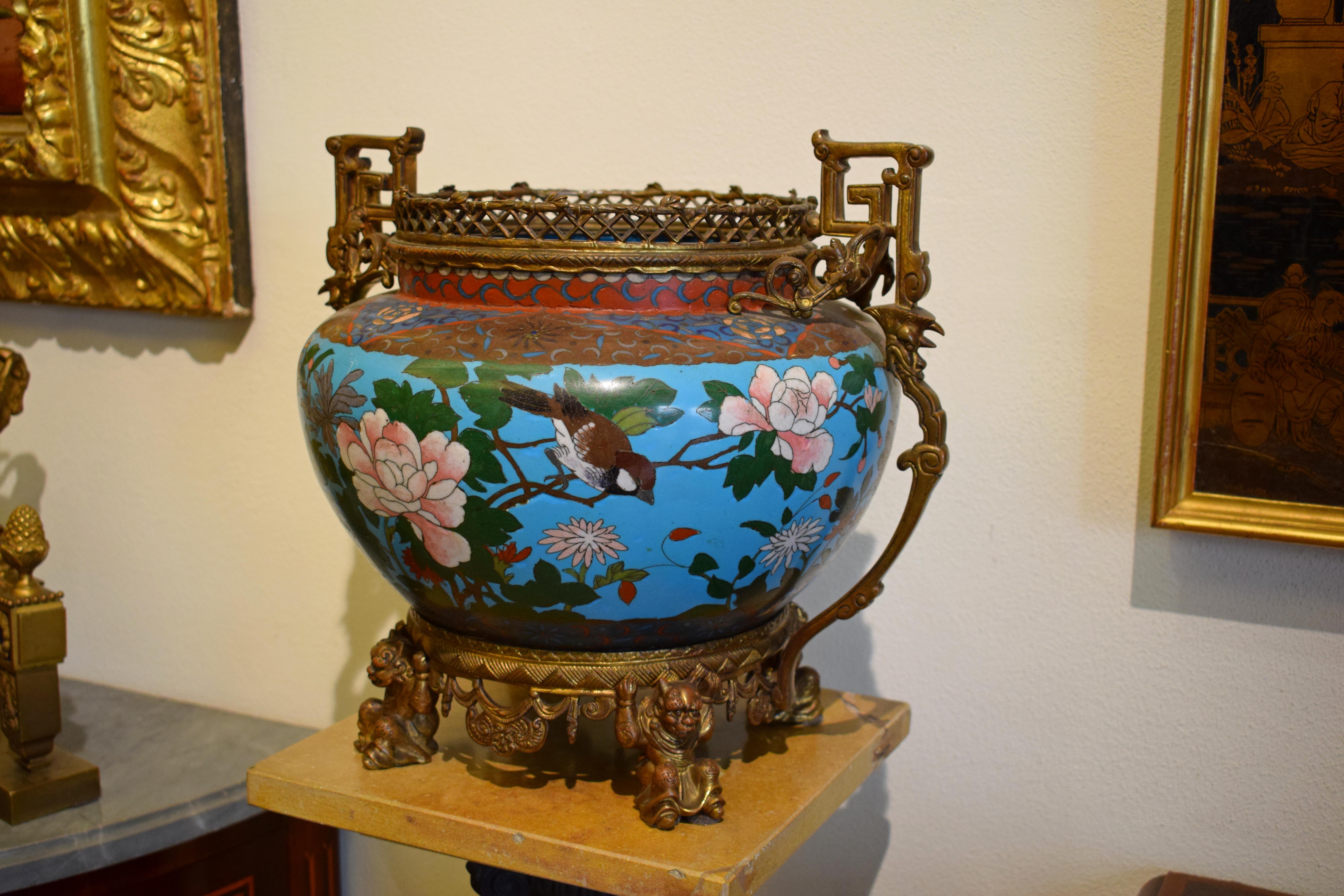 19th Century, French Cloisonné Vase on Gilded Bronze Base For Sale 1
