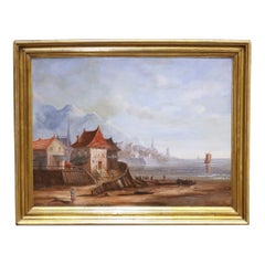 19th Century French Coastal Harbor Marine Oil Painting in Giltwood Frame