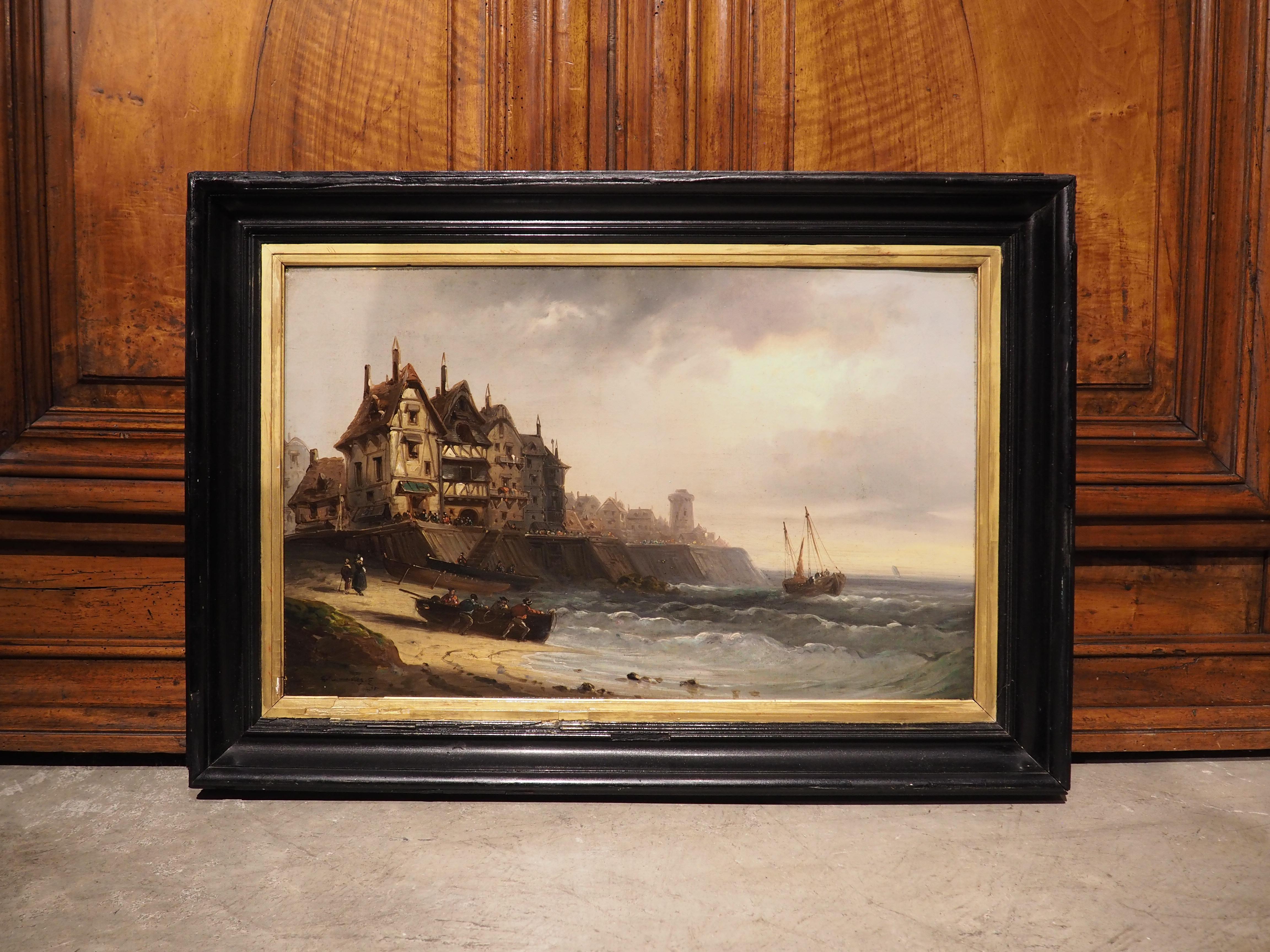 Inspiré par ses voyages en tant que marin, le peintre français Charles Kuwasseg a peint cet impressionnant paysage côtier dans les années 1870 (la toile est signée et datée dans le coin inférieur gauche). Des bâtiments à charpente en bois de