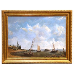 19th Century French Coastal Marine Oil Painting of Fishing Boats in Gilt Frame