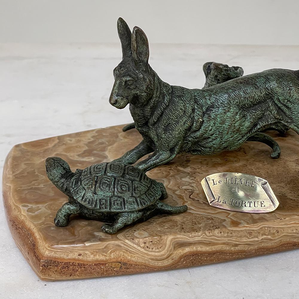 19th Century, French, Cold Painted Bronze on Onyx, Tortoise & Hare For Sale 3