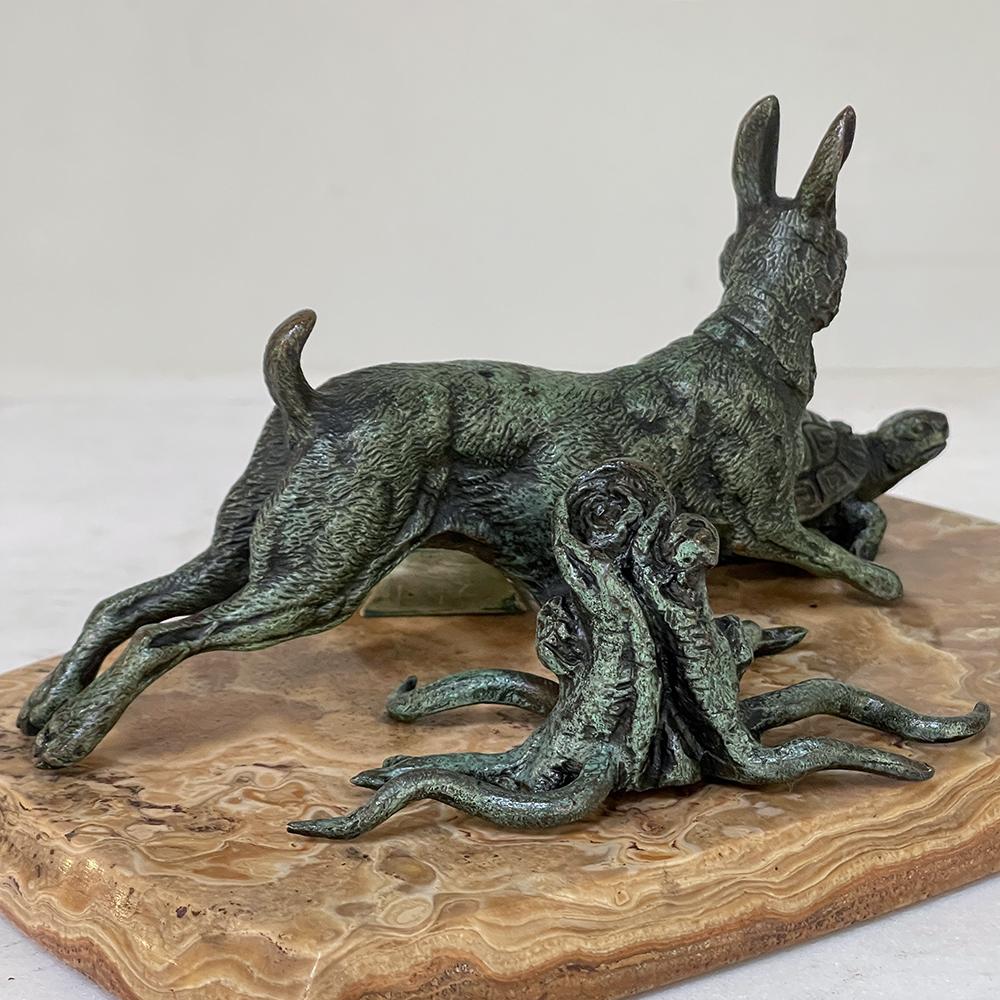 19th Century, French, Cold Painted Bronze on Onyx, Tortoise & Hare For Sale 6