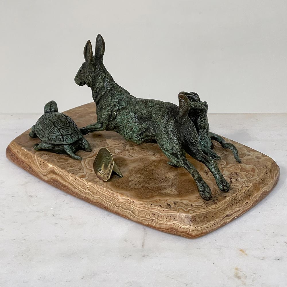 Belle Époque 19th Century, French, Cold Painted Bronze on Onyx, Tortoise & Hare For Sale