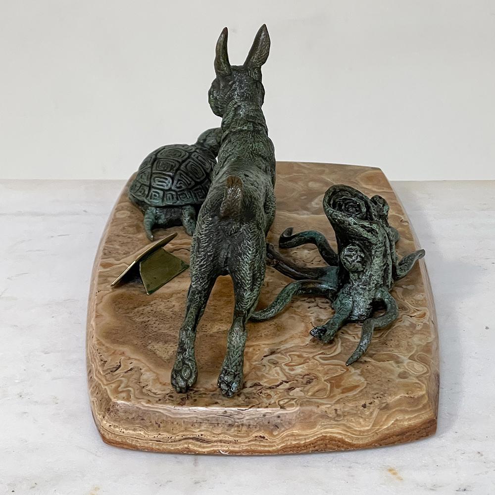 Hand-Crafted 19th Century, French, Cold Painted Bronze on Onyx, Tortoise & Hare For Sale